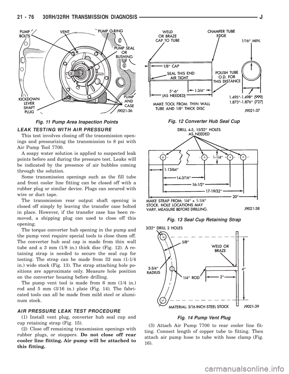 JEEP XJ 1995 Service And Repair Manual LEAK TESTING WITH AIR PRESSURE
This test involves closing off the transmission open-
ings and pressurizing the transmission to 8 psi with
Air Pump Tool 7700.
A soapy water solution is applied to suspe JEEP XJ 1995 Service And Repair Manual LEAK TESTING WITH AIR PRESSURE
This test involves closing off the transmission open-
ings and pressurizing the transmission to 8 psi with
Air Pump Tool 7700.
A soapy water solution is applied to suspe
