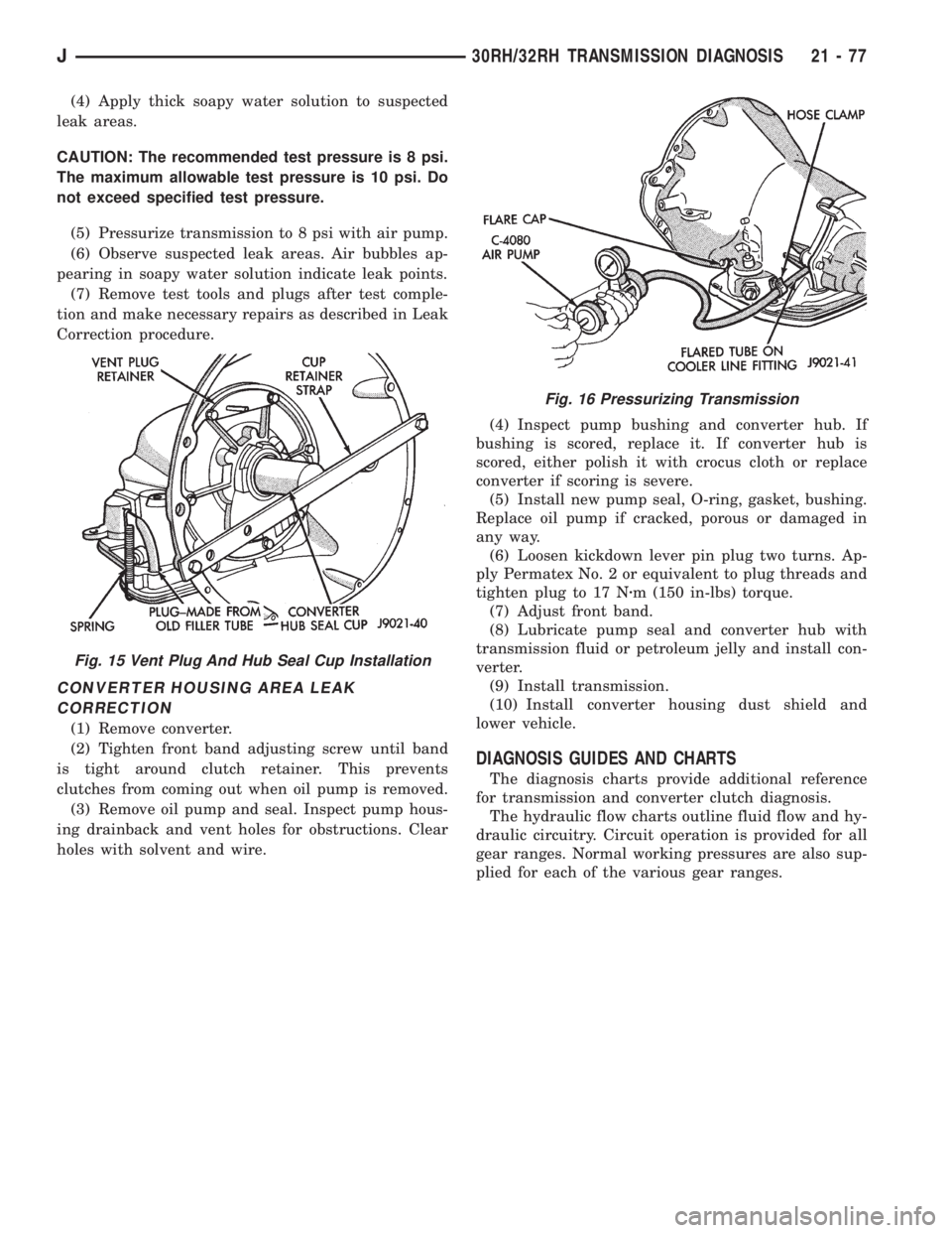 JEEP XJ 1995 Service And Repair Manual (4) Apply thick soapy water solution to suspected
leak areas.
CAUTION: The recommended test pressure is 8 psi.
The maximum allowable test pressure is 10 psi. Do
not exceed specified test pressure.
(5) JEEP XJ 1995 Service And Repair Manual (4) Apply thick soapy water solution to suspected
leak areas.
CAUTION: The recommended test pressure is 8 psi.
The maximum allowable test pressure is 10 psi. Do
not exceed specified test pressure.
(5)