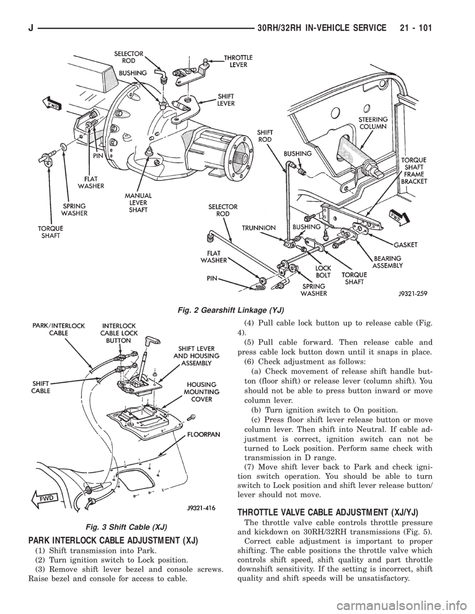 JEEP XJ 1995 Service And Repair Manual PARK INTERLOCK CABLE ADJUSTMENT (XJ)
(1) Shift transmission into Park.
(2) Turn ignition switch to Lock position.
(3) Remove shift lever bezel and console screws.
Raise bezel and console for access to JEEP XJ 1995 Service And Repair Manual PARK INTERLOCK CABLE ADJUSTMENT (XJ)
(1) Shift transmission into Park.
(2) Turn ignition switch to Lock position.
(3) Remove shift lever bezel and console screws.
Raise bezel and console for access to