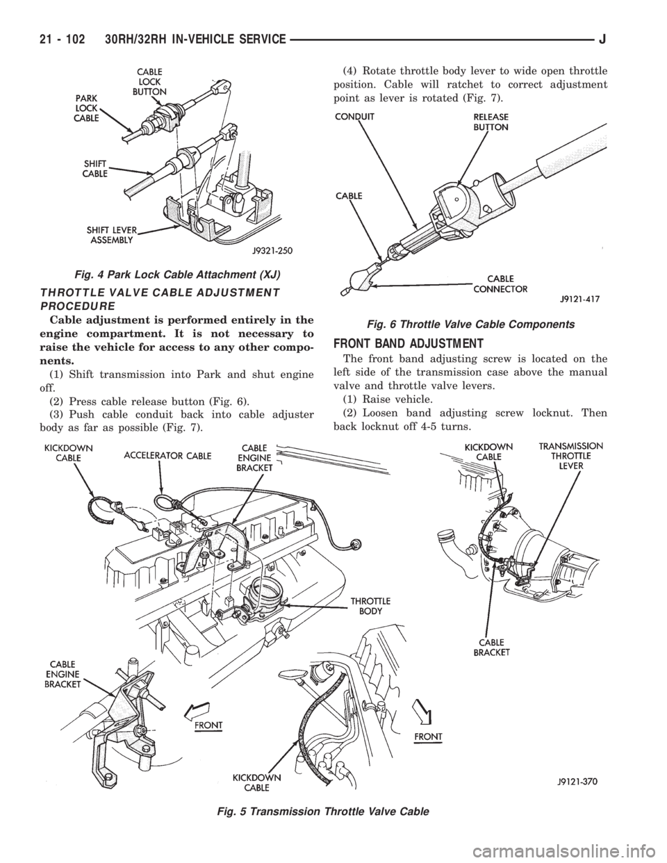 JEEP XJ 1995 Service And Repair Manual THROTTLE VALVE CABLE ADJUSTMENT
PROCEDURE
Cable adjustment is performed entirely in the
engine compartment. It is not necessary to
raise the vehicle for access to any other compo-
nents.
(1) Shift tra JEEP XJ 1995 Service And Repair Manual THROTTLE VALVE CABLE ADJUSTMENT
PROCEDURE
Cable adjustment is performed entirely in the
engine compartment. It is not necessary to
raise the vehicle for access to any other compo-
nents.
(1) Shift tra