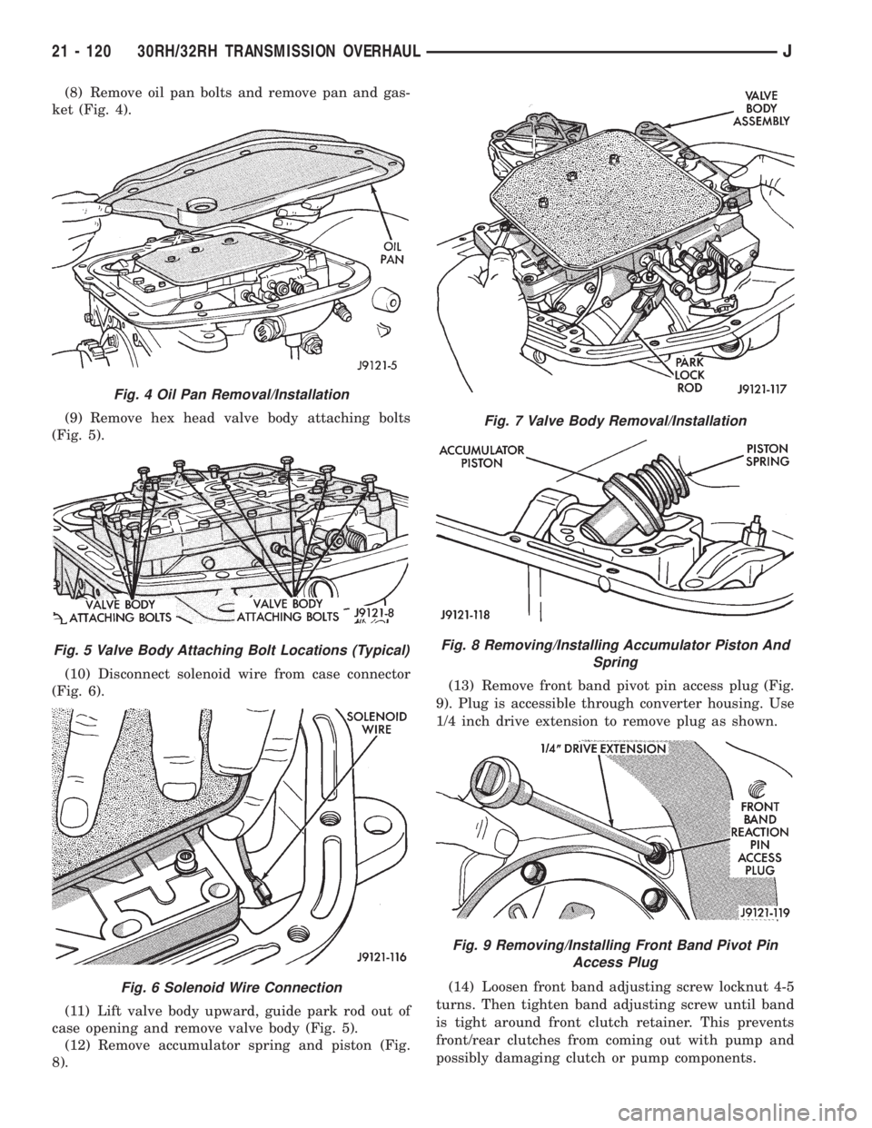JEEP XJ 1995 Service And Repair Manual (8) Remove oil pan bolts and remove pan and gas-
ket (Fig. 4).
(9) Remove hex head valve body attaching bolts
(Fig. 5).
(10) Disconnect solenoid wire from case connector
(Fig. 6).
(11) Lift valve body JEEP XJ 1995 Service And Repair Manual (8) Remove oil pan bolts and remove pan and gas-
ket (Fig. 4).
(9) Remove hex head valve body attaching bolts
(Fig. 5).
(10) Disconnect solenoid wire from case connector
(Fig. 6).
(11) Lift valve body