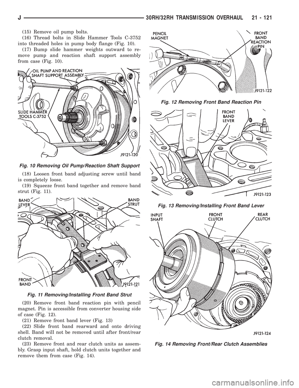 JEEP XJ 1995 Service And Repair Manual (15) Remove oil pump bolts.
(16) Thread bolts in Slide Hammer Tools C-3752
into threaded holes in pump body flange (Fig. 10).
(17) Bump slide hammer weights outward to re-
move pump and reaction shaft JEEP XJ 1995 Service And Repair Manual (15) Remove oil pump bolts.
(16) Thread bolts in Slide Hammer Tools C-3752
into threaded holes in pump body flange (Fig. 10).
(17) Bump slide hammer weights outward to re-
move pump and reaction shaft