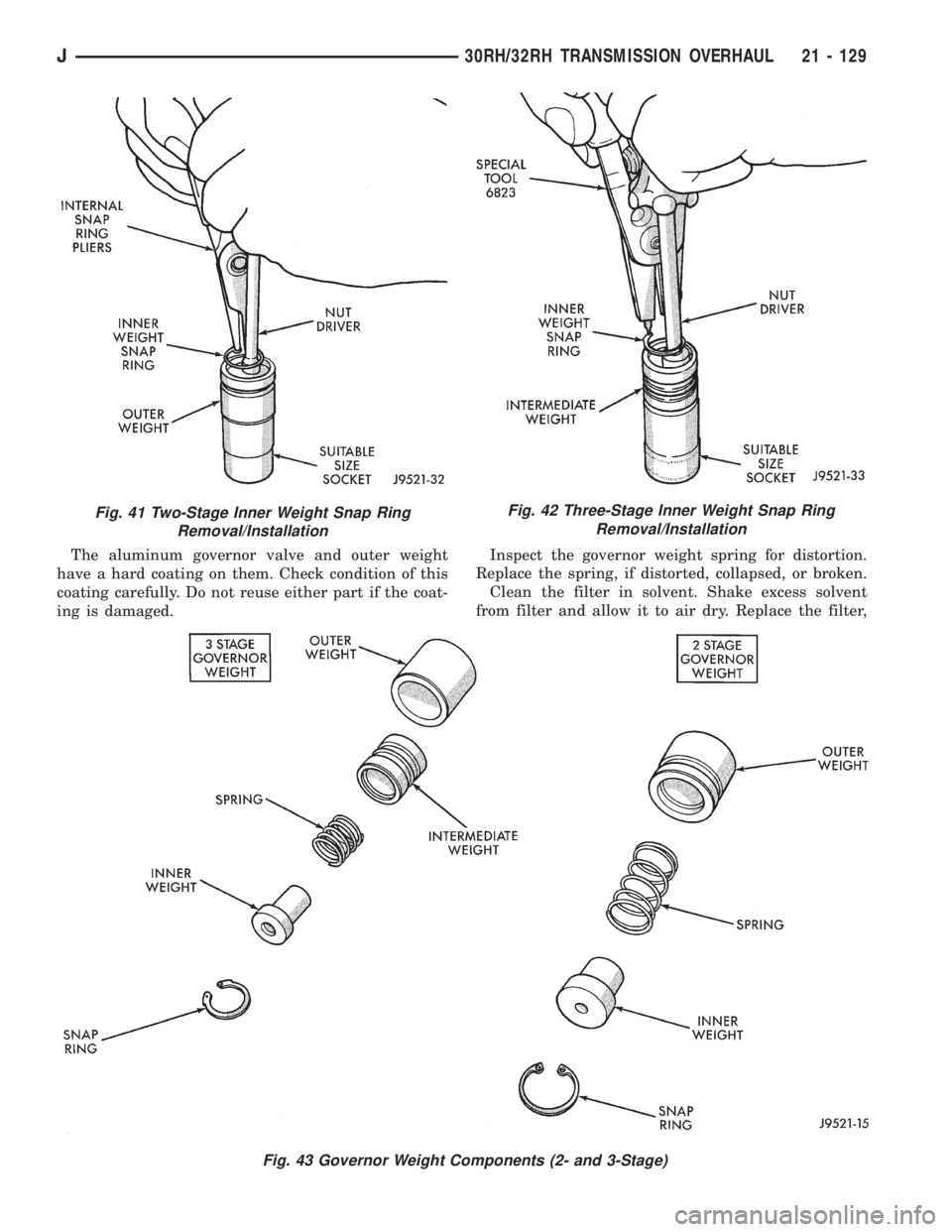 JEEP XJ 1995 Service And Repair Manual The aluminum governor valve and outer weight
have a hard coating on them. Check condition of this
coating carefully. Do not reuse either part if the coat-
ing is damaged.Inspect the governor weight sp JEEP XJ 1995 Service And Repair Manual The aluminum governor valve and outer weight
have a hard coating on them. Check condition of this
coating carefully. Do not reuse either part if the coat-
ing is damaged.Inspect the governor weight sp