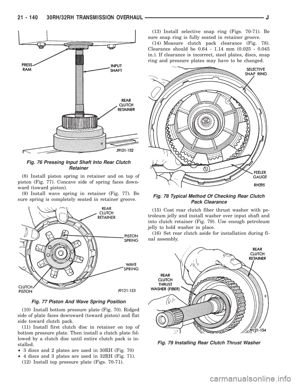 JEEP XJ 1995 Service And Repair Manual (8) Install piston spring in retainer and on top of
piston (Fig. 77). Concave side of spring faces down-
ward (toward piston).
(9) Install wave spring in retainer (Fig. 77). Be
sure spring is complete JEEP XJ 1995 Service And Repair Manual (8) Install piston spring in retainer and on top of
piston (Fig. 77). Concave side of spring faces down-
ward (toward piston).
(9) Install wave spring in retainer (Fig. 77). Be
sure spring is complete