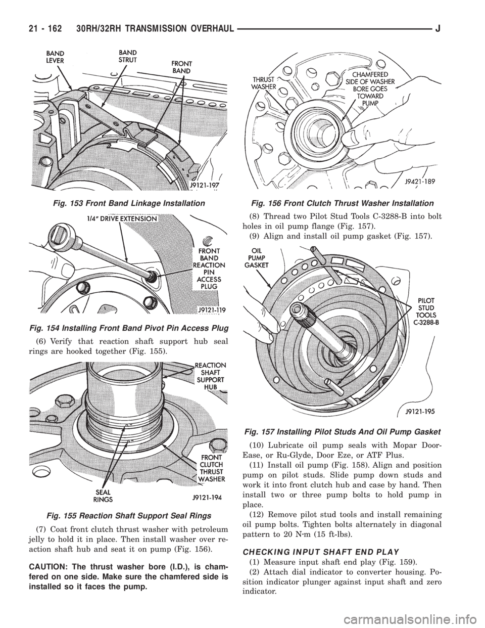 JEEP XJ 1995 Service And Repair Manual (6) Verify that reaction shaft support hub seal
rings are hooked together (Fig. 155).
(7) Coat front clutch thrust washer with petroleum
jelly to hold it in place. Then install washer over re-
action JEEP XJ 1995 Service And Repair Manual (6) Verify that reaction shaft support hub seal
rings are hooked together (Fig. 155).
(7) Coat front clutch thrust washer with petroleum
jelly to hold it in place. Then install washer over re-
action