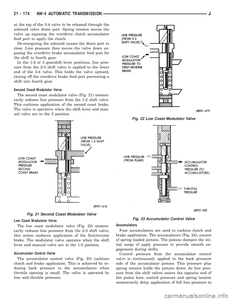 JEEP XJ 1995 Service And Repair Manual at the top of the 3-4 valve to be released through the
solenoid valve drain port. Spring tension moves the
valve up exposing the overdrive clutch accumulator
feed port to apply the clutch.
De-energizi JEEP XJ 1995 Service And Repair Manual at the top of the 3-4 valve to be released through the
solenoid valve drain port. Spring tension moves the
valve up exposing the overdrive clutch accumulator
feed port to apply the clutch.
De-energizi