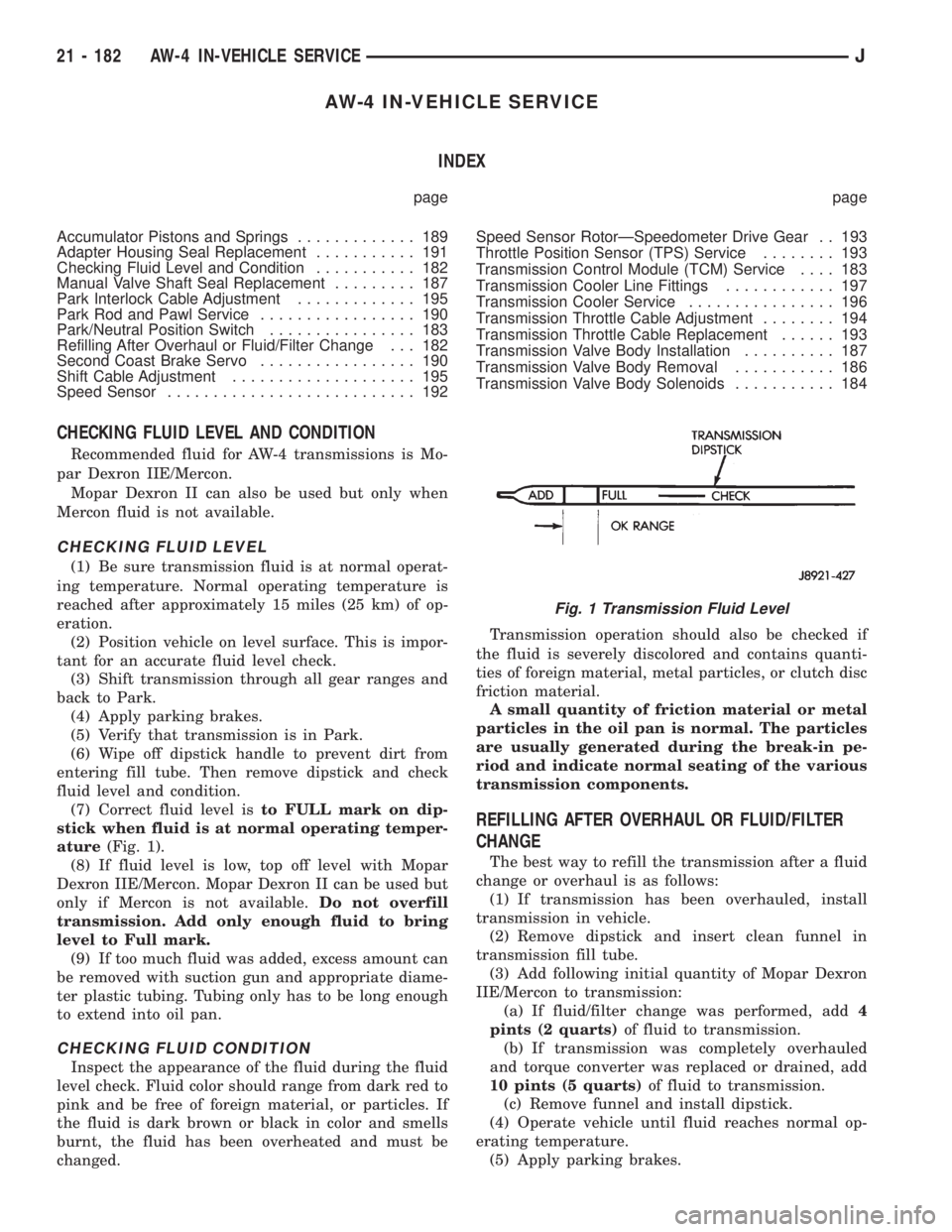 JEEP XJ 1995 Service And Repair Manual AW-4 IN-VEHICLE SERVICE
INDEX
page page
Accumulator Pistons and Springs............. 189
Adapter Housing Seal Replacement........... 191
Checking Fluid Level and Condition........... 182
Manual Valve JEEP XJ 1995 Service And Repair Manual AW-4 IN-VEHICLE SERVICE
INDEX
page page
Accumulator Pistons and Springs............. 189
Adapter Housing Seal Replacement........... 191
Checking Fluid Level and Condition........... 182
Manual Valve