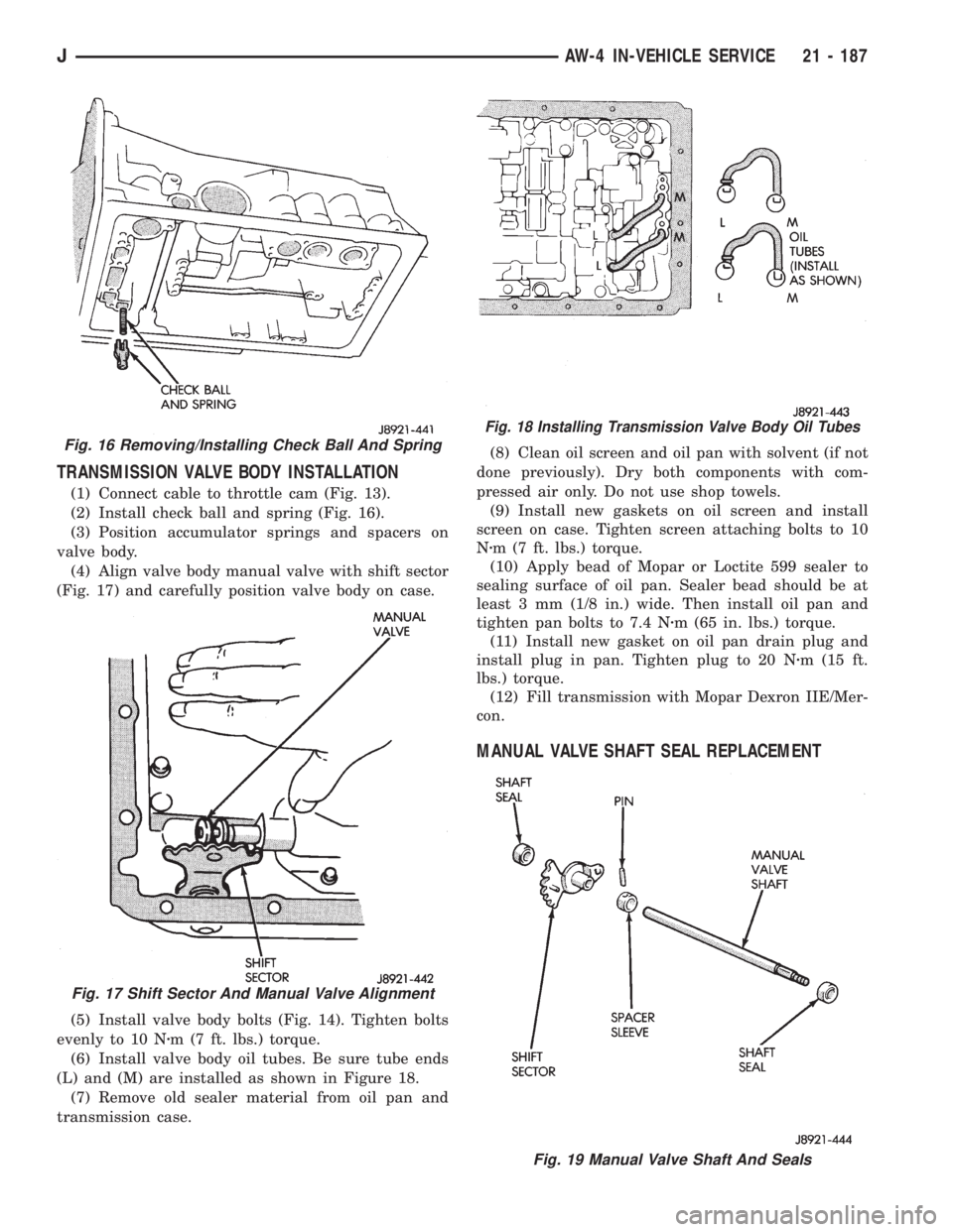 JEEP XJ 1995 Service And Repair Manual TRANSMISSION VALVE BODY INSTALLATION
(1) Connect cable to throttle cam (Fig. 13).
(2) Install check ball and spring (Fig. 16).
(3) Position accumulator springs and spacers on
valve body.
(4) Align val JEEP XJ 1995 Service And Repair Manual TRANSMISSION VALVE BODY INSTALLATION
(1) Connect cable to throttle cam (Fig. 13).
(2) Install check ball and spring (Fig. 16).
(3) Position accumulator springs and spacers on
valve body.
(4) Align val