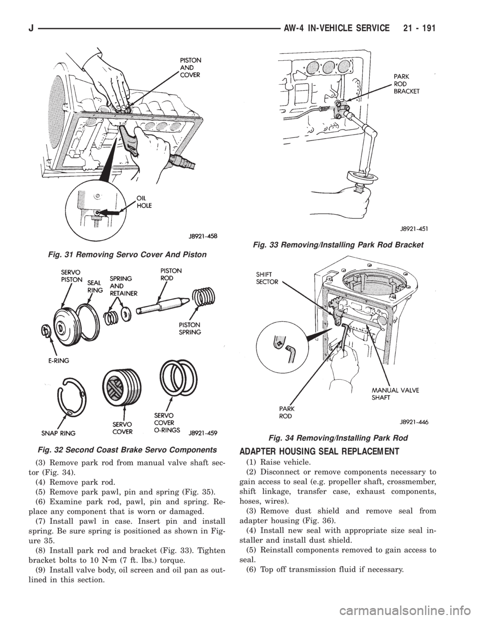 JEEP XJ 1995 Service And Repair Manual (3) Remove park rod from manual valve shaft sec-
tor (Fig. 34).
(4) Remove park rod.
(5) Remove park pawl, pin and spring (Fig. 35).
(6) Examine park rod, pawl, pin and spring. Re-
place any component JEEP XJ 1995 Service And Repair Manual (3) Remove park rod from manual valve shaft sec-
tor (Fig. 34).
(4) Remove park rod.
(5) Remove park pawl, pin and spring (Fig. 35).
(6) Examine park rod, pawl, pin and spring. Re-
place any component