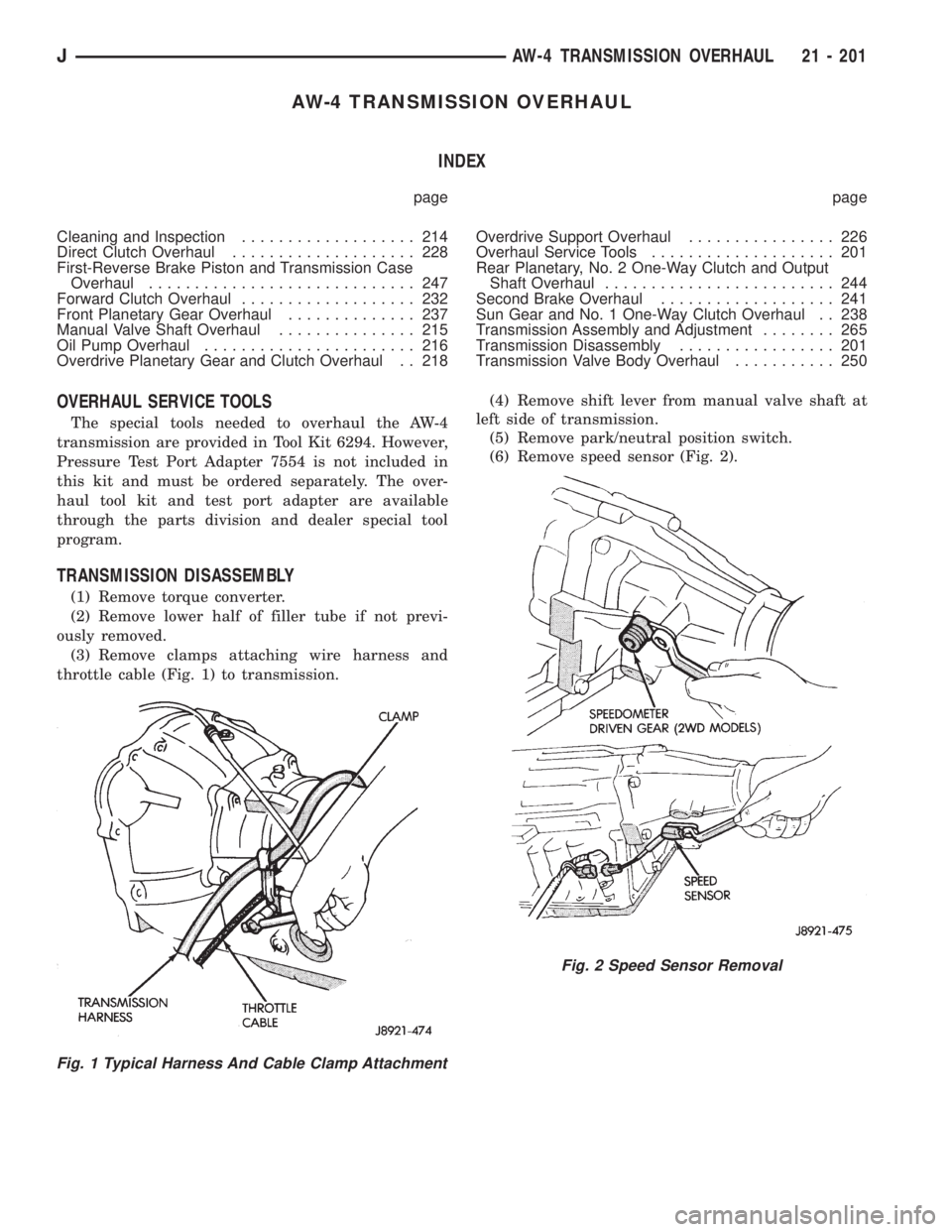 JEEP XJ 1995  Service And Repair Manual AW-4 TRANSMISSION OVERHAUL
INDEX
page page
Cleaning and Inspection................... 214
Direct Clutch Overhaul.................... 228
First-Reverse Brake Piston and Transmission Case
Overhaul......