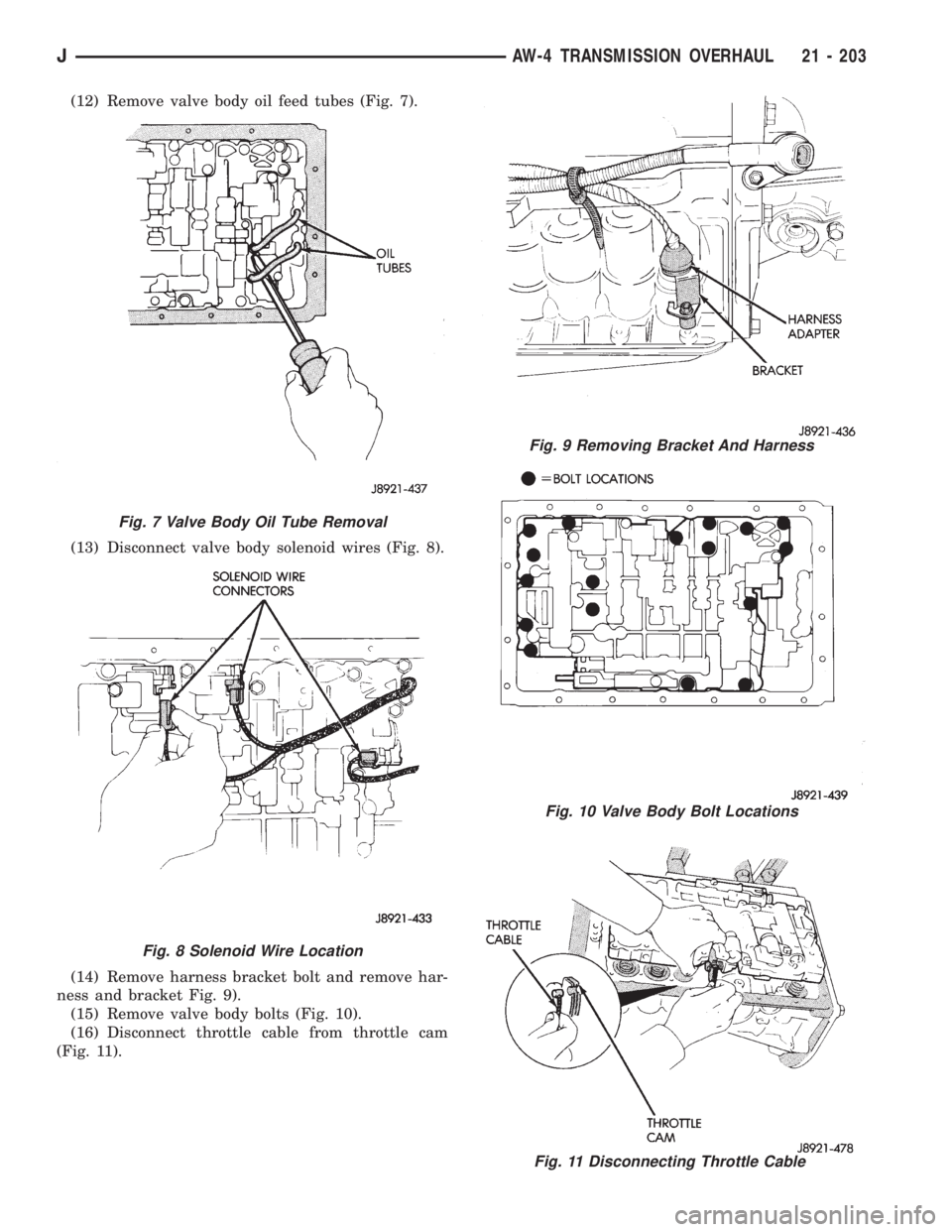 JEEP XJ 1995 Service And Repair Manual (12) Remove valve body oil feed tubes (Fig. 7).
(13) Disconnect valve body solenoid wires (Fig. 8).
(14) Remove harness bracket bolt and remove har-
ness and bracket Fig. 9).
(15) Remove valve body bo JEEP XJ 1995 Service And Repair Manual (12) Remove valve body oil feed tubes (Fig. 7).
(13) Disconnect valve body solenoid wires (Fig. 8).
(14) Remove harness bracket bolt and remove har-
ness and bracket Fig. 9).
(15) Remove valve body bo