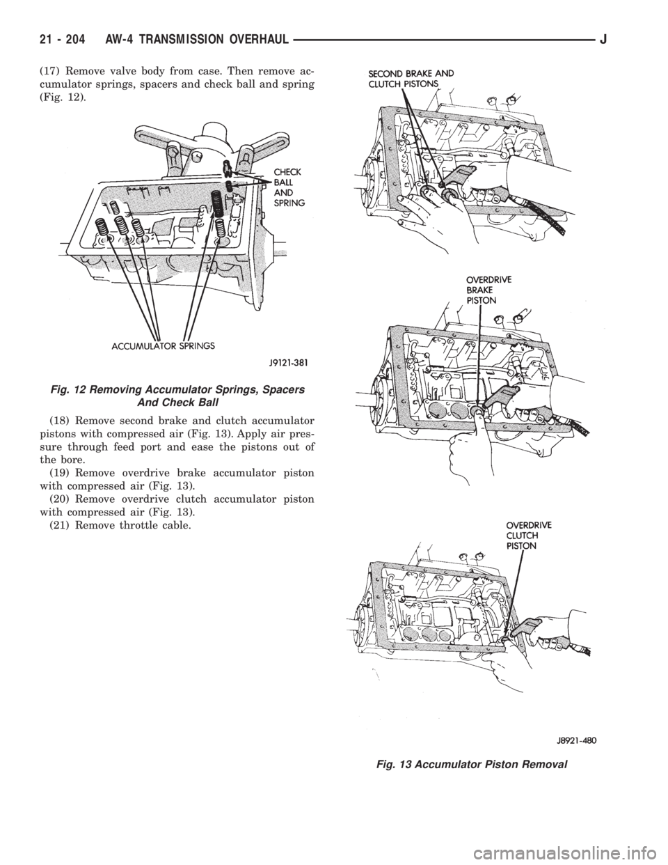 JEEP XJ 1995 Service And Repair Manual (17) Remove valve body from case. Then remove ac-
cumulator springs, spacers and check ball and spring
(Fig. 12).
(18) Remove second brake and clutch accumulator
pistons with compressed air (Fig. 13). JEEP XJ 1995 Service And Repair Manual (17) Remove valve body from case. Then remove ac-
cumulator springs, spacers and check ball and spring
(Fig. 12).
(18) Remove second brake and clutch accumulator
pistons with compressed air (Fig. 13).