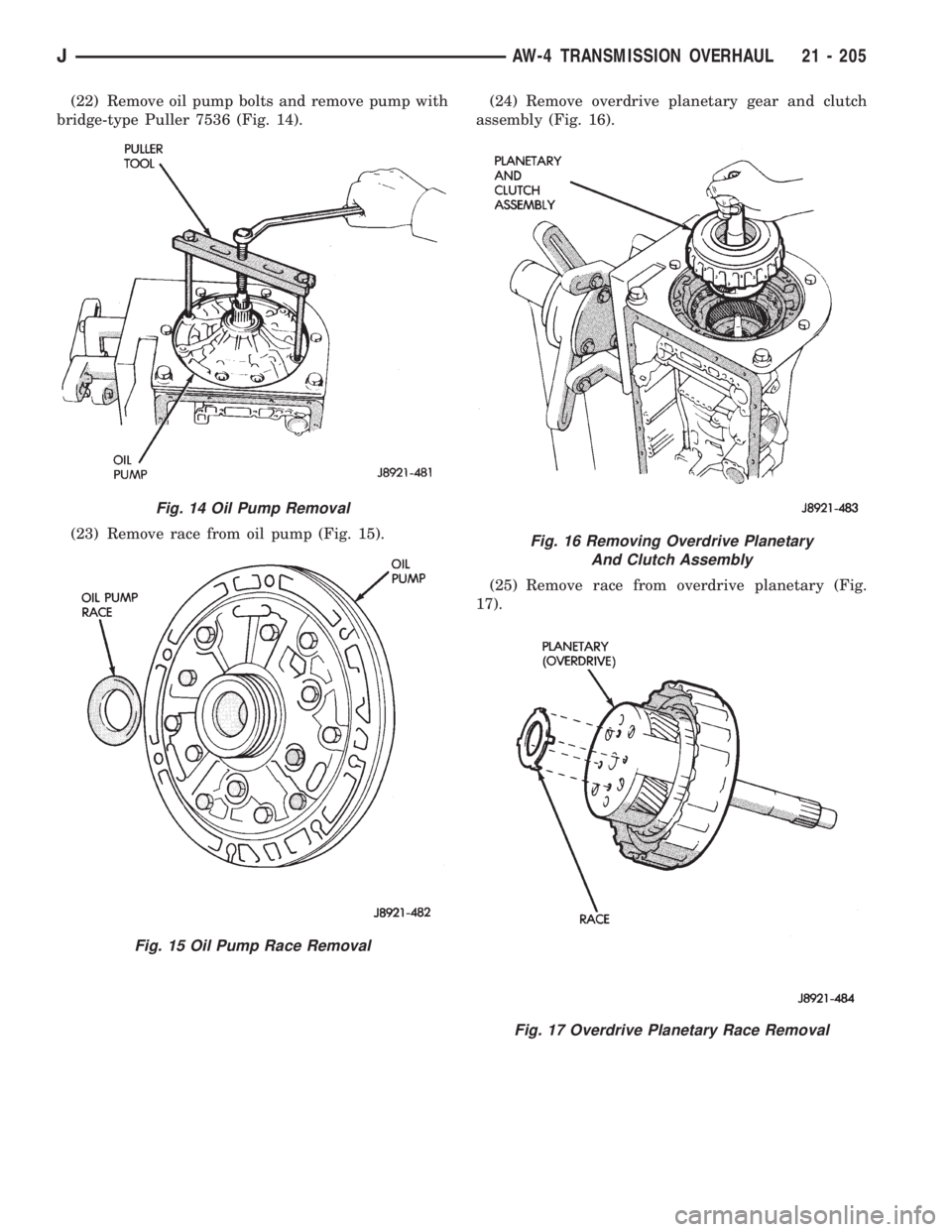 JEEP XJ 1995 Service And Repair Manual (22) Remove oil pump bolts and remove pump with
bridge-type Puller 7536 (Fig. 14).
(23) Remove race from oil pump (Fig. 15).(24) Remove overdrive planetary gear and clutch
assembly (Fig. 16).
(25) Rem JEEP XJ 1995 Service And Repair Manual (22) Remove oil pump bolts and remove pump with
bridge-type Puller 7536 (Fig. 14).
(23) Remove race from oil pump (Fig. 15).(24) Remove overdrive planetary gear and clutch
assembly (Fig. 16).
(25) Rem