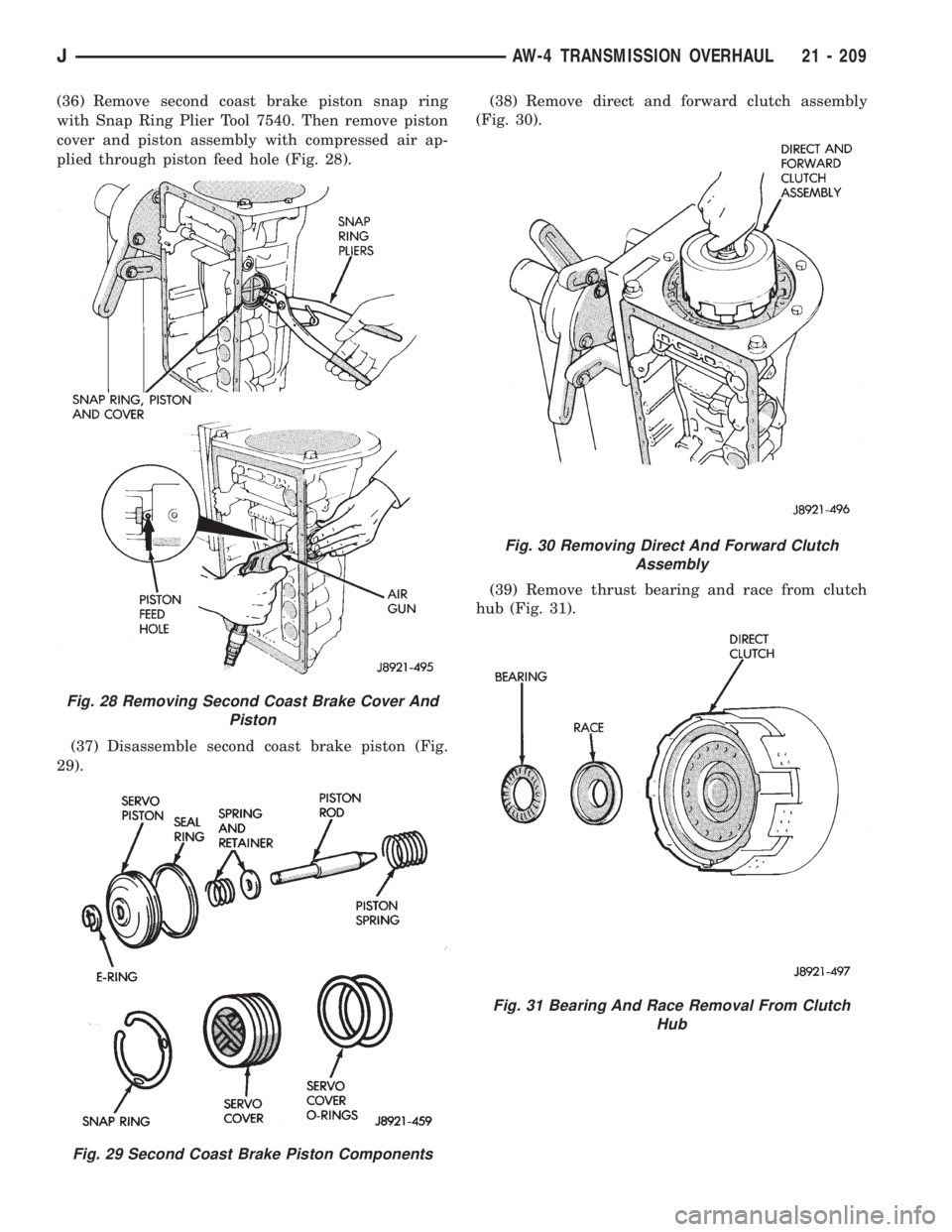 JEEP XJ 1995 Service And Repair Manual (36) Remove second coast brake piston snap ring
with Snap Ring Plier Tool 7540. Then remove piston
cover and piston assembly with compressed air ap-
plied through piston feed hole (Fig. 28).
(37) Disa JEEP XJ 1995 Service And Repair Manual (36) Remove second coast brake piston snap ring
with Snap Ring Plier Tool 7540. Then remove piston
cover and piston assembly with compressed air ap-
plied through piston feed hole (Fig. 28).
(37) Disa