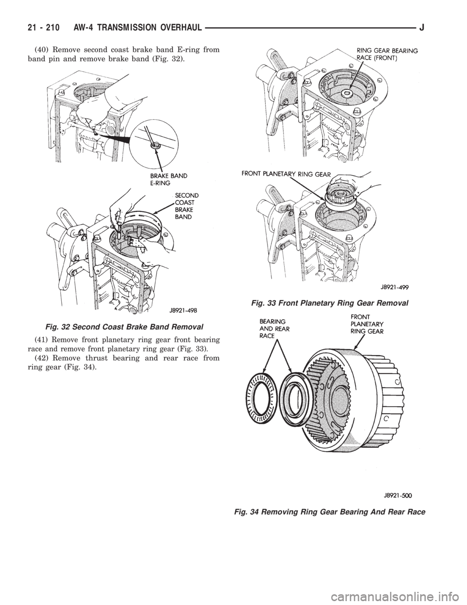 JEEP XJ 1995 Service And Repair Manual (40) Remove second coast brake band E-ring from
band pin and remove brake band (Fig. 32).
(41) Remove front planetary ring gear front bearing
race and remove front planetary ring gear (Fig. 33).
(42) JEEP XJ 1995 Service And Repair Manual (40) Remove second coast brake band E-ring from
band pin and remove brake band (Fig. 32).
(41) Remove front planetary ring gear front bearing
race and remove front planetary ring gear (Fig. 33).
(42)