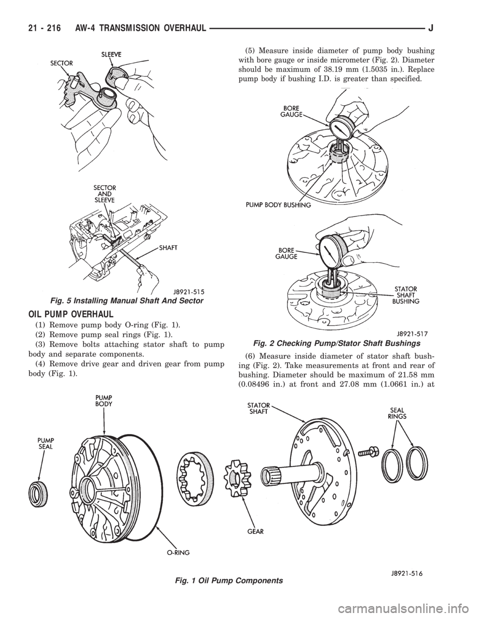 JEEP XJ 1995 Service And Repair Manual OIL PUMP OVERHAUL
(1) Remove pump body O-ring (Fig. 1).
(2) Remove pump seal rings (Fig. 1).
(3) Remove bolts attaching stator shaft to pump
body and separate components.
(4) Remove drive gear and dri JEEP XJ 1995 Service And Repair Manual OIL PUMP OVERHAUL
(1) Remove pump body O-ring (Fig. 1).
(2) Remove pump seal rings (Fig. 1).
(3) Remove bolts attaching stator shaft to pump
body and separate components.
(4) Remove drive gear and dri