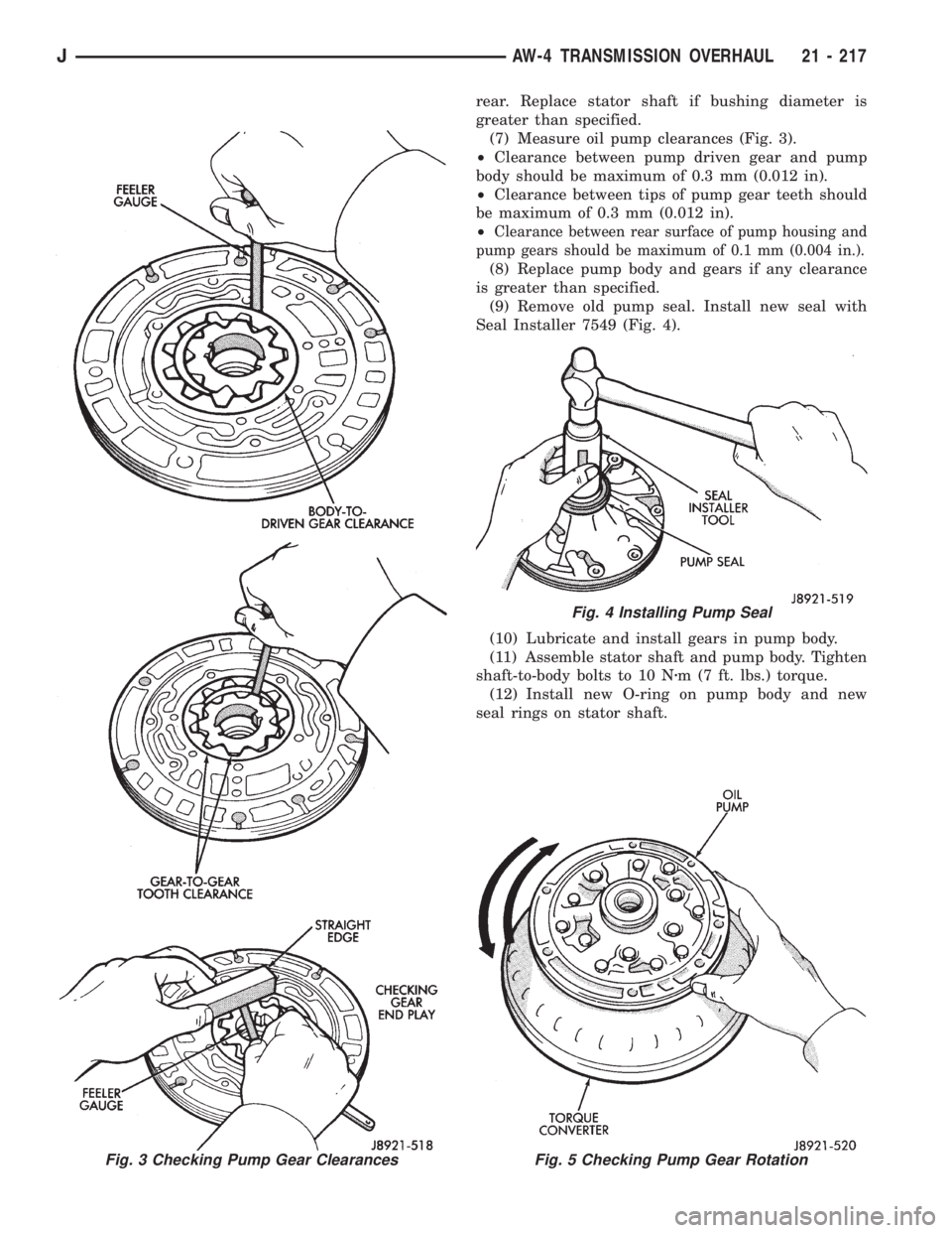 JEEP XJ 1995 Service And Repair Manual rear. Replace stator shaft if bushing diameter is
greater than specified.
(7) Measure oil pump clearances (Fig. 3).
²Clearance between pump driven gear and pump
body should be maximum of 0.3 mm (0.01 JEEP XJ 1995 Service And Repair Manual rear. Replace stator shaft if bushing diameter is
greater than specified.
(7) Measure oil pump clearances (Fig. 3).
²Clearance between pump driven gear and pump
body should be maximum of 0.3 mm (0.01