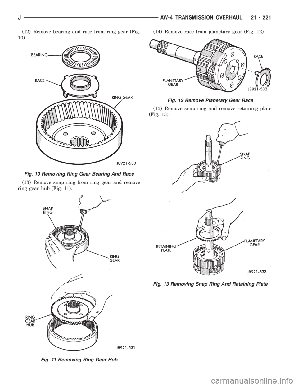 JEEP XJ 1995 Service And Repair Manual (12) Remove bearing and race from ring gear (Fig.
10).
(13) Remove snap ring from ring gear and remove
ring gear hub (Fig. 11).(14) Remove race from planetary gear (Fig. 12).
(15) Remove snap ring and JEEP XJ 1995 Service And Repair Manual (12) Remove bearing and race from ring gear (Fig.
10).
(13) Remove snap ring from ring gear and remove
ring gear hub (Fig. 11).(14) Remove race from planetary gear (Fig. 12).
(15) Remove snap ring and