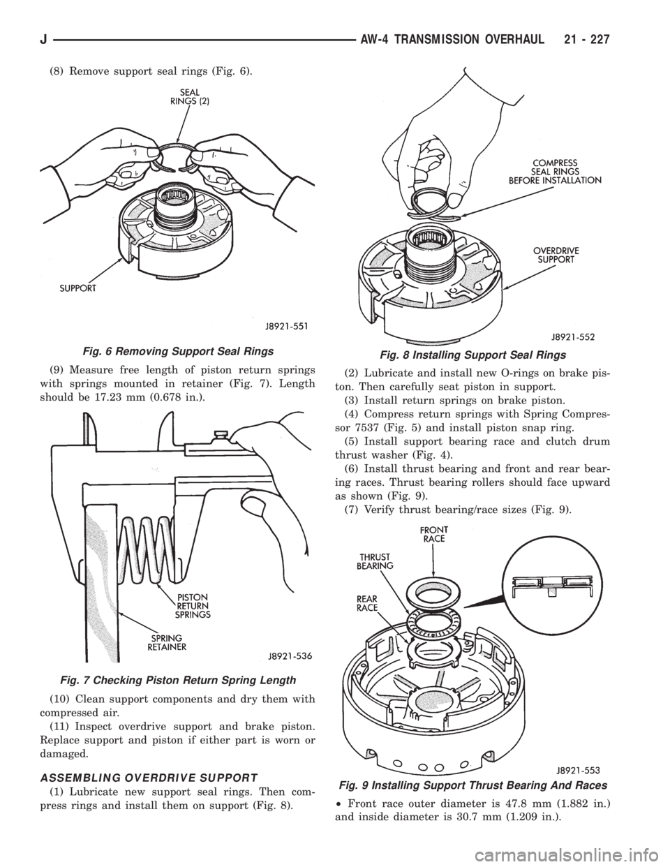 JEEP XJ 1995 Service And Repair Manual (8) Remove support seal rings (Fig. 6).
(9) Measure free length of piston return springs
with springs mounted in retainer (Fig. 7). Length
should be 17.23 mm (0.678 in.).
(10) Clean support components JEEP XJ 1995 Service And Repair Manual (8) Remove support seal rings (Fig. 6).
(9) Measure free length of piston return springs
with springs mounted in retainer (Fig. 7). Length
should be 17.23 mm (0.678 in.).
(10) Clean support components