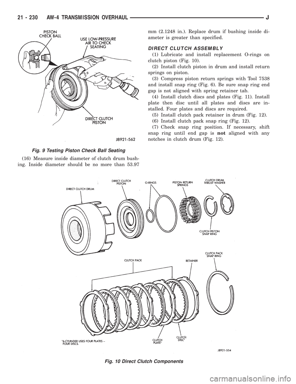 JEEP XJ 1995 Service And Repair Manual (16) Measure inside diameter of clutch drum bush-
ing. Inside diameter should be no more than 53.97mm (2.1248 in.). Replace drum if bushing inside di-
ameter is greater than specified.
DIRECT CLUTCH A JEEP XJ 1995 Service And Repair Manual (16) Measure inside diameter of clutch drum bush-
ing. Inside diameter should be no more than 53.97mm (2.1248 in.). Replace drum if bushing inside di-
ameter is greater than specified.
DIRECT CLUTCH A