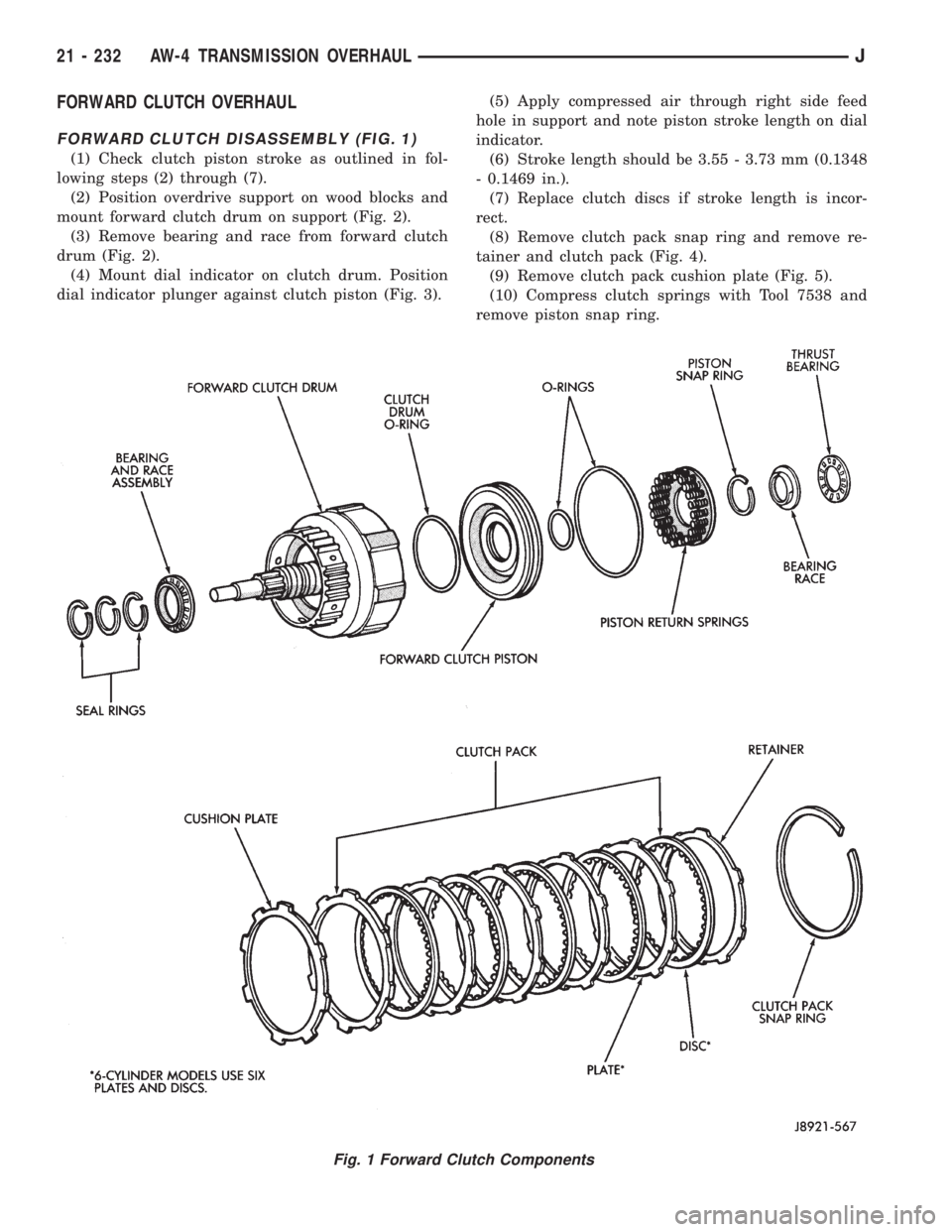 JEEP XJ 1995 Service And Repair Manual FORWARD CLUTCH OVERHAUL
FORWARD CLUTCH DISASSEMBLY (FIG. 1)
(1) Check clutch piston stroke as outlined in fol-
lowing steps (2) through (7).
(2) Position overdrive support on wood blocks and
mount for JEEP XJ 1995 Service And Repair Manual FORWARD CLUTCH OVERHAUL
FORWARD CLUTCH DISASSEMBLY (FIG. 1)
(1) Check clutch piston stroke as outlined in fol-
lowing steps (2) through (7).
(2) Position overdrive support on wood blocks and
mount for