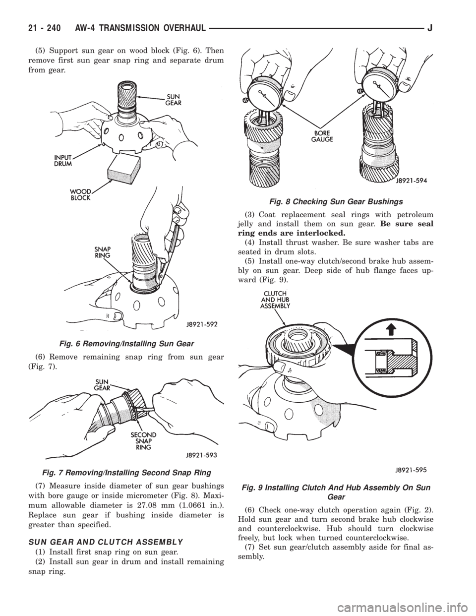 JEEP XJ 1995 Service And Repair Manual (5) Support sun gear on wood block (Fig. 6). Then
remove first sun gear snap ring and separate drum
from gear.
(6) Remove remaining snap ring from sun gear
(Fig. 7).
(7) Measure inside diameter of sun JEEP XJ 1995 Service And Repair Manual (5) Support sun gear on wood block (Fig. 6). Then
remove first sun gear snap ring and separate drum
from gear.
(6) Remove remaining snap ring from sun gear
(Fig. 7).
(7) Measure inside diameter of sun
