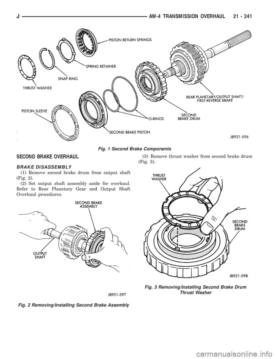 JEEP XJ 1995 Service And Repair Manual SECOND BRAKE OVERHAUL
BRAKE DISASSEMBLY
(1) Remove second brake drum from output shaft
(Fig. 2).
(2) Set output shaft assembly aside for overhaul.
Refer to Rear Planetary Gear and Output Shaft
Overhau JEEP XJ 1995 Service And Repair Manual SECOND BRAKE OVERHAUL
BRAKE DISASSEMBLY
(1) Remove second brake drum from output shaft
(Fig. 2).
(2) Set output shaft assembly aside for overhaul.
Refer to Rear Planetary Gear and Output Shaft
Overhau