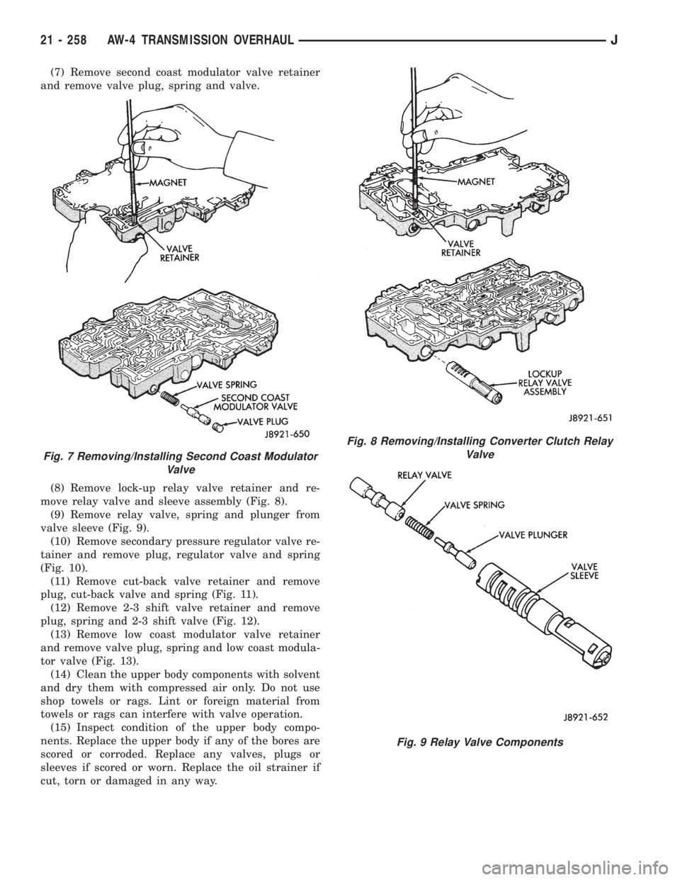 JEEP XJ 1995 Service And Repair Manual (7) Remove second coast modulator valve retainer
and remove valve plug, spring and valve.
(8) Remove lock-up relay valve retainer and re-
move relay valve and sleeve assembly (Fig. 8).
(9) Remove rela JEEP XJ 1995 Service And Repair Manual (7) Remove second coast modulator valve retainer
and remove valve plug, spring and valve.
(8) Remove lock-up relay valve retainer and re-
move relay valve and sleeve assembly (Fig. 8).
(9) Remove rela