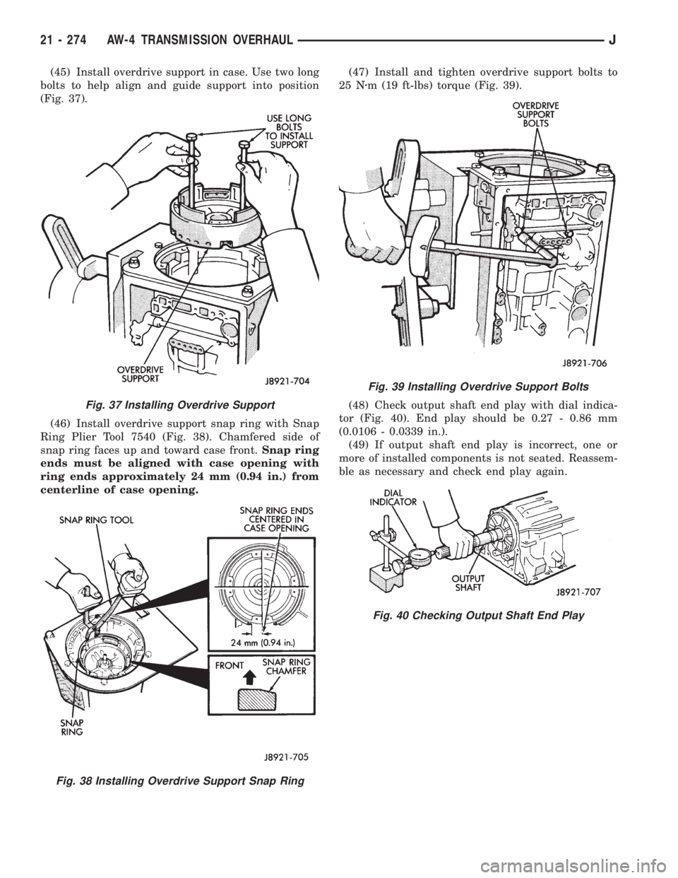 JEEP XJ 1995 Service And Repair Manual (45) Install overdrive support in case. Use two long
bolts to help align and guide support into position
(Fig. 37).
(46) Install overdrive support snap ring with Snap
Ring Plier Tool 7540 (Fig. 38). C JEEP XJ 1995 Service And Repair Manual (45) Install overdrive support in case. Use two long
bolts to help align and guide support into position
(Fig. 37).
(46) Install overdrive support snap ring with Snap
Ring Plier Tool 7540 (Fig. 38). C