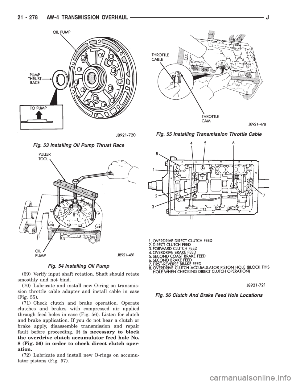 JEEP XJ 1995 Service And Repair Manual (69) Verify input shaft rotation. Shaft should rotate
smoothly and not bind.
(70) Lubricate and install new O-ring on transmis-
sion throttle cable adapter and install cable in case
(Fig. 55).
(71) Ch JEEP XJ 1995 Service And Repair Manual (69) Verify input shaft rotation. Shaft should rotate
smoothly and not bind.
(70) Lubricate and install new O-ring on transmis-
sion throttle cable adapter and install cable in case
(Fig. 55).
(71) Ch