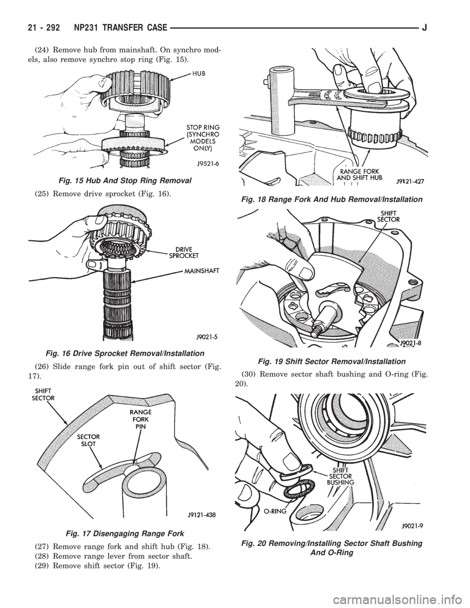JEEP XJ 1995 Service And Repair Manual (24) Remove hub from mainshaft. On synchro mod-
els, also remove synchro stop ring (Fig. 15).
(25) Remove drive sprocket (Fig. 16).
(26) Slide range fork pin out of shift sector (Fig.
17).
(27) Remove JEEP XJ 1995 Service And Repair Manual (24) Remove hub from mainshaft. On synchro mod-
els, also remove synchro stop ring (Fig. 15).
(25) Remove drive sprocket (Fig. 16).
(26) Slide range fork pin out of shift sector (Fig.
17).
(27) Remove