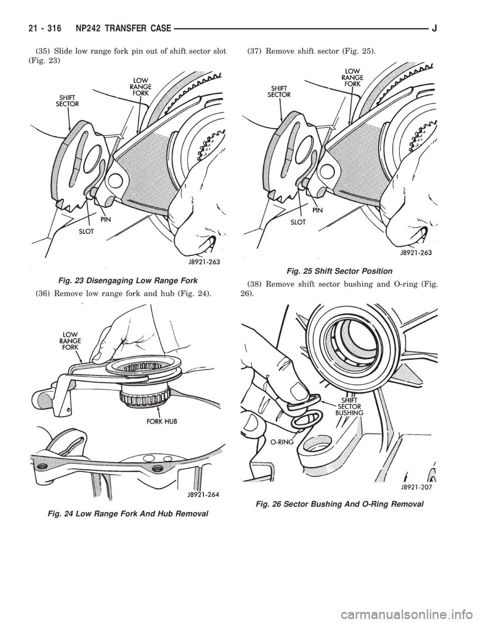 JEEP XJ 1995 Service And Repair Manual (35) Slide low range fork pin out of shift sector slot
(Fig. 23)
(36) Remove low range fork and hub (Fig. 24).(37) Remove shift sector (Fig. 25).
(38) Remove shift sector bushing and O-ring (Fig.
26). JEEP XJ 1995 Service And Repair Manual (35) Slide low range fork pin out of shift sector slot
(Fig. 23)
(36) Remove low range fork and hub (Fig. 24).(37) Remove shift sector (Fig. 25).
(38) Remove shift sector bushing and O-ring (Fig.
26).