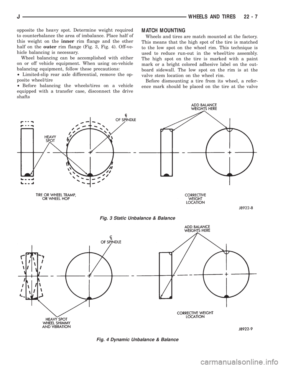 JEEP XJ 1995 Service And Repair Manual opposite the heavy spot. Determine weight required
to counterbalance the area of imbalance. Place half of
this weight on theinnerrim flange and the other
half on theouterrim flange (Fig. 3, Fig. 4). O JEEP XJ 1995 Service And Repair Manual opposite the heavy spot. Determine weight required
to counterbalance the area of imbalance. Place half of
this weight on theinnerrim flange and the other
half on theouterrim flange (Fig. 3, Fig. 4). O