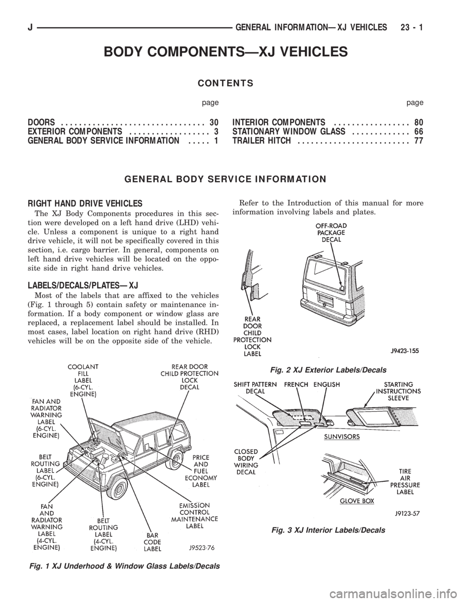 JEEP XJ 1995 Service And Repair Manual BODY COMPONENTSÐXJ VEHICLES
CONTENTS
page page
DOORS................................ 30
EXTERIOR COMPONENTS.................. 3
GENERAL BODY SERVICE INFORMATION..... 1INTERIOR COMPONENTS............. JEEP XJ 1995 Service And Repair Manual BODY COMPONENTSÐXJ VEHICLES
CONTENTS
page page
DOORS................................ 30
EXTERIOR COMPONENTS.................. 3
GENERAL BODY SERVICE INFORMATION..... 1INTERIOR COMPONENTS.............