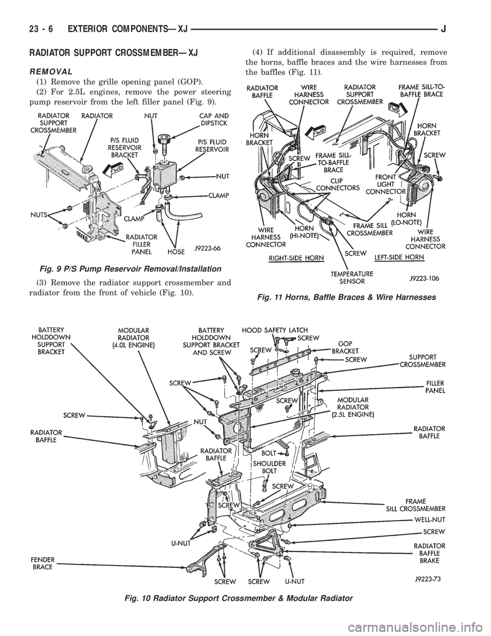 JEEP XJ 1995  Service And Repair Manual RADIATOR SUPPORT CROSSMEMBERÐXJ
REMOVAL
(1) Remove the grille opening panel (GOP).
(2) For 2.5L engines, remove the power steering
pump reservoir from the left filler panel (Fig. 9).
(3) Remove the r