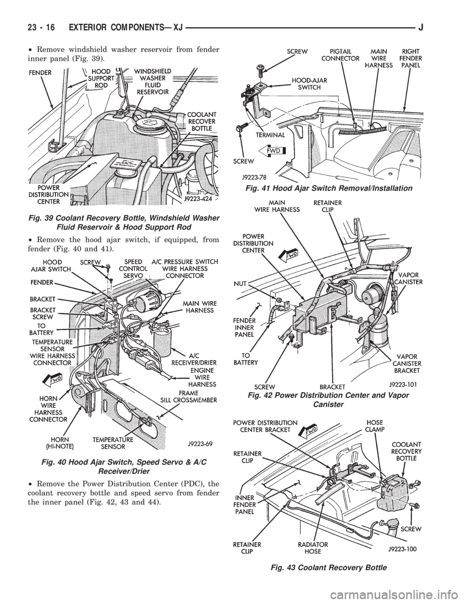 JEEP XJ 1995  Service And Repair Manual ²Remove windshield washer reservoir from fender
inner panel (Fig. 39).
²Remove the hood ajar switch, if equipped, from
fender (Fig. 40 and 41).
²Remove the Power Distribution Center (PDC), the
cool