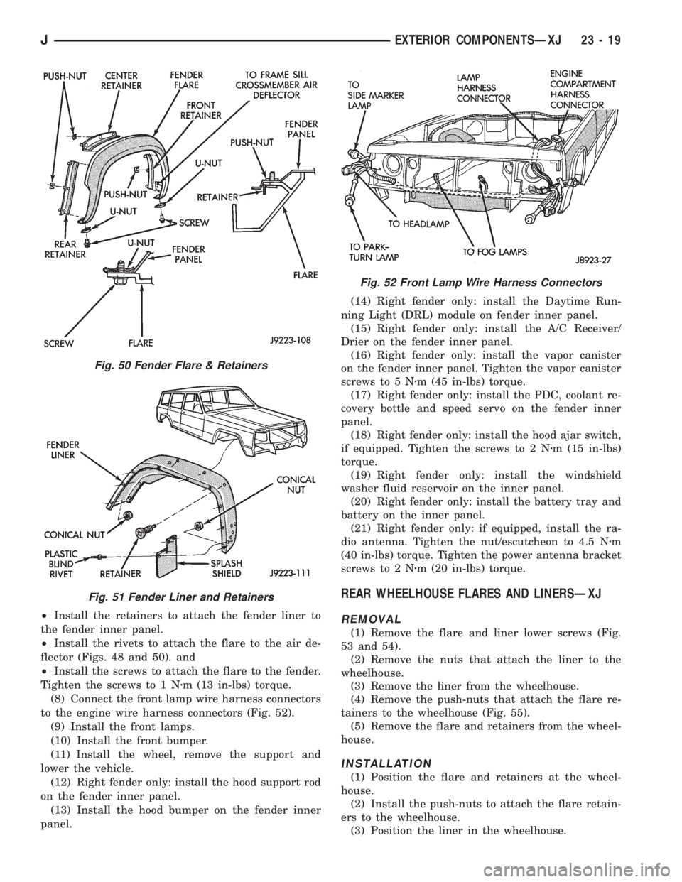 JEEP XJ 1995  Service And Repair Manual ²Install the retainers to attach the fender liner to
the fender inner panel.
²Install the rivets to attach the flare to the air de-
flector (Figs. 48 and 50). and
²Install the screws to attach the 