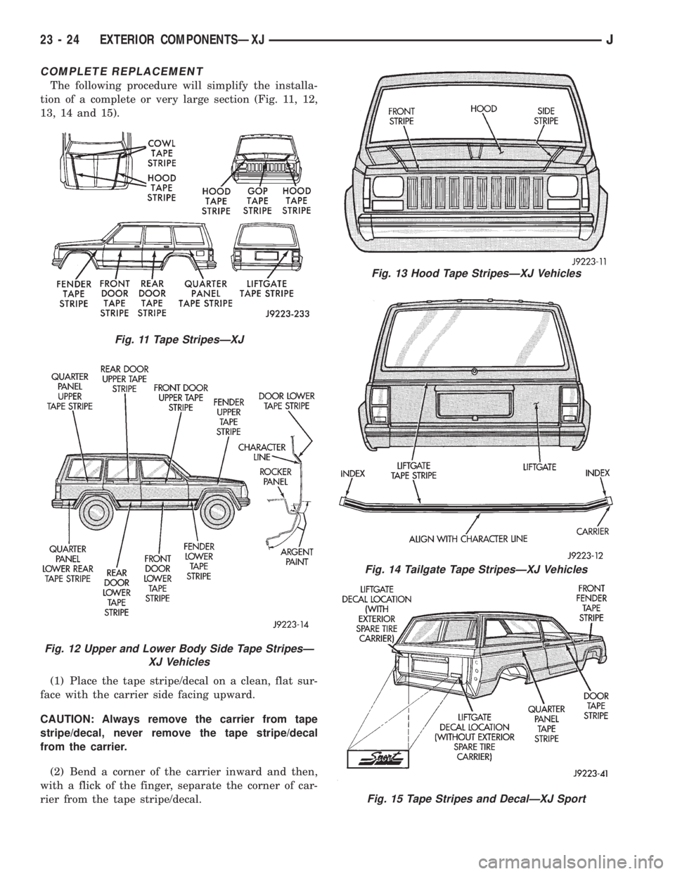 JEEP XJ 1995 Service And Repair Manual COMPLETE REPLACEMENT
The following procedure will simplify the installa-
tion of a complete or very large section (Fig. 11, 12,
13, 14 and 15).
(1) Place the tape stripe/decal on a clean, flat sur-
fa JEEP XJ 1995 Service And Repair Manual COMPLETE REPLACEMENT
The following procedure will simplify the installa-
tion of a complete or very large section (Fig. 11, 12,
13, 14 and 15).
(1) Place the tape stripe/decal on a clean, flat sur-
fa