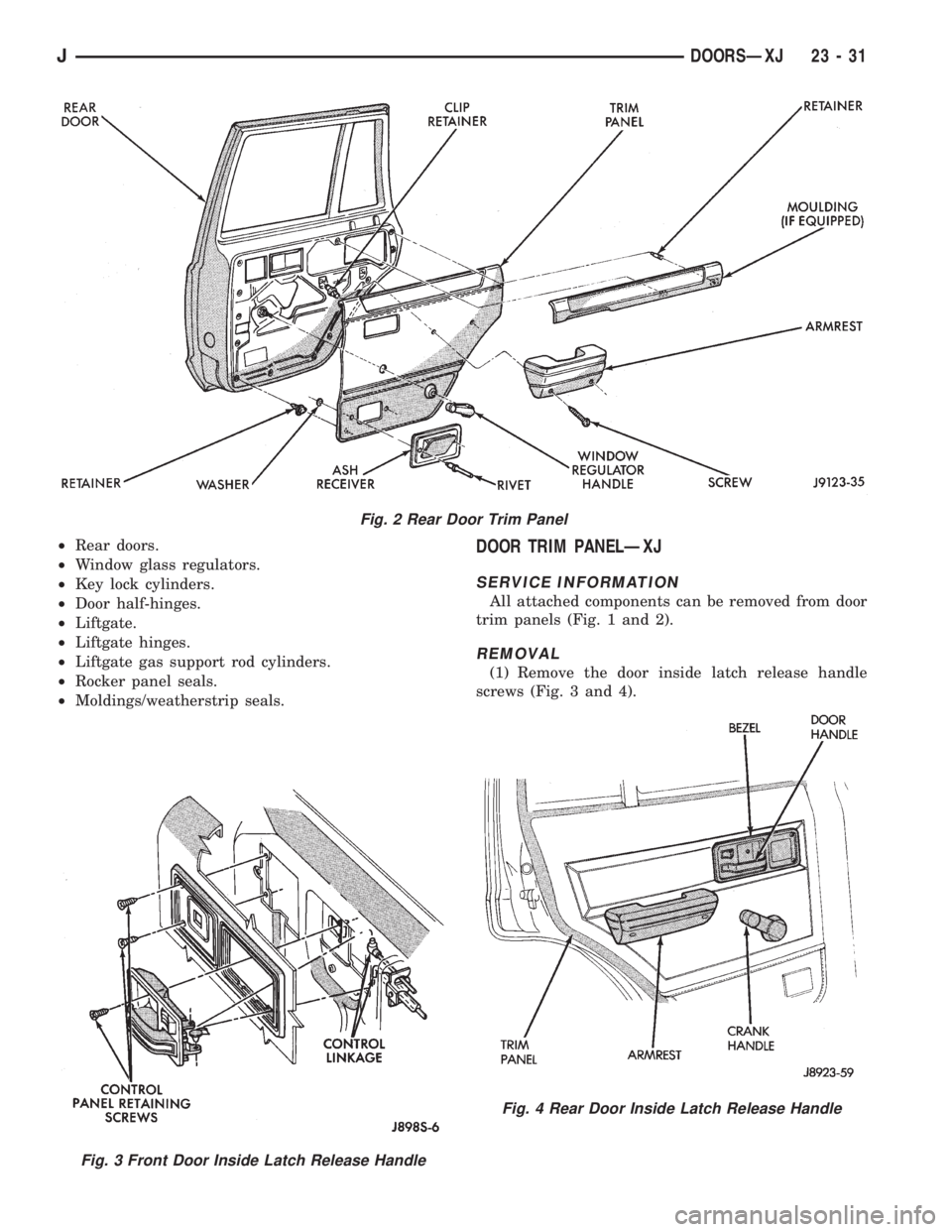JEEP XJ 1995 Service And Repair Manual ²Rear doors.
²Window glass regulators.
²Key lock cylinders.
²Door half-hinges.
²Liftgate.
²Liftgate hinges.
²Liftgate gas support rod cylinders.
²Rocker panel seals.
²Moldings/weatherstrip se JEEP XJ 1995 Service And Repair Manual ²Rear doors.
²Window glass regulators.
²Key lock cylinders.
²Door half-hinges.
²Liftgate.
²Liftgate hinges.
²Liftgate gas support rod cylinders.
²Rocker panel seals.
²Moldings/weatherstrip se