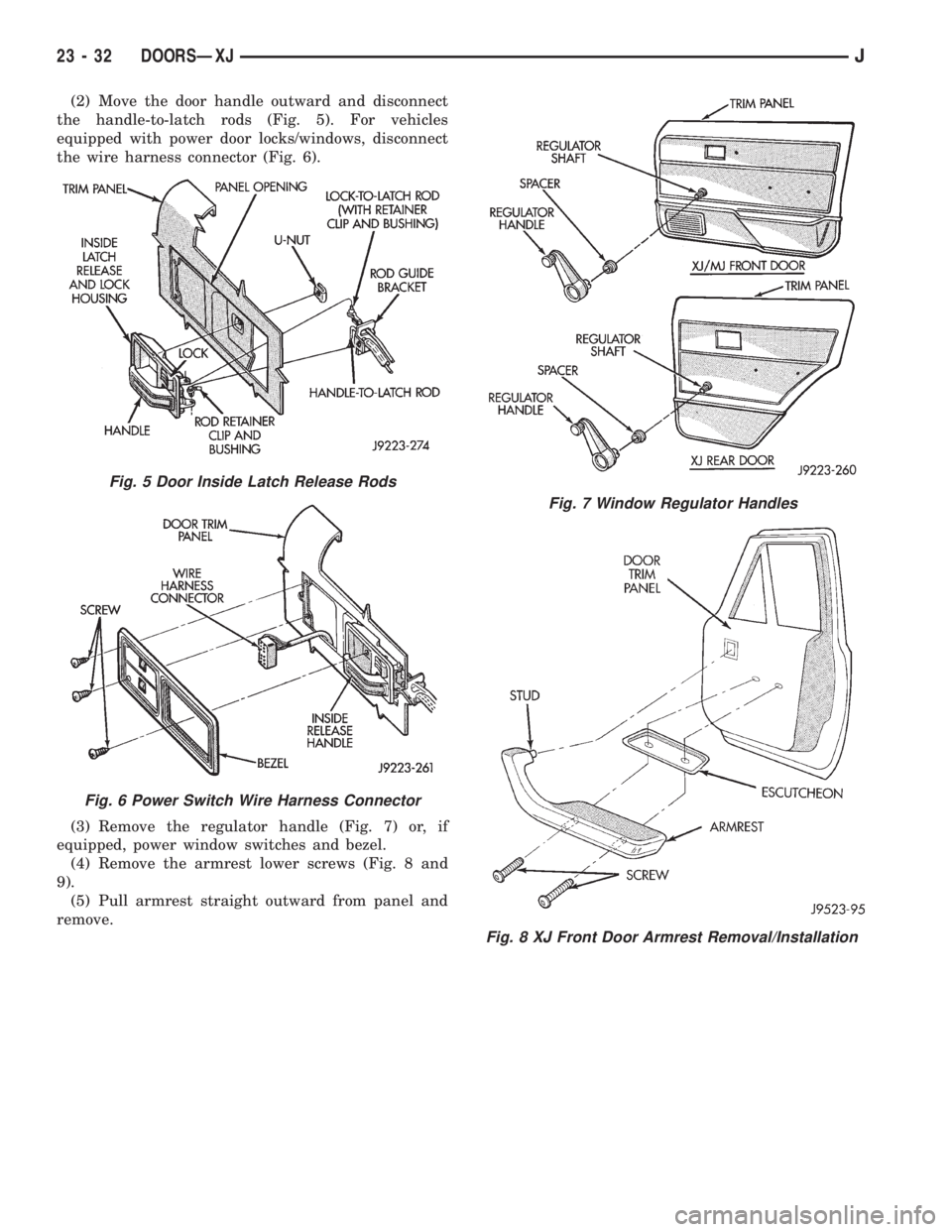 JEEP XJ 1995 Service And Repair Manual (2) Move the door handle outward and disconnect
the handle-to-latch rods (Fig. 5). For vehicles
equipped with power door locks/windows, disconnect
the wire harness connector (Fig. 6).
(3) Remove the r JEEP XJ 1995 Service And Repair Manual (2) Move the door handle outward and disconnect
the handle-to-latch rods (Fig. 5). For vehicles
equipped with power door locks/windows, disconnect
the wire harness connector (Fig. 6).
(3) Remove the r