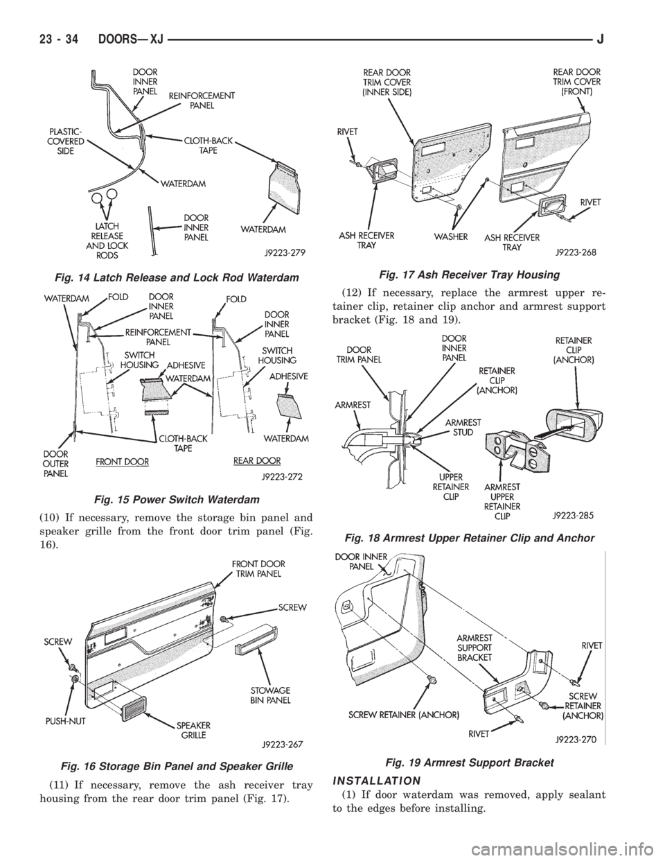 JEEP XJ 1995  Service And Repair Manual (10) If necessary, remove the storage bin panel and
speaker grille from the front door trim panel (Fig.
16).
(11) If necessary, remove the ash receiver tray
housing from the rear door trim panel (Fig.