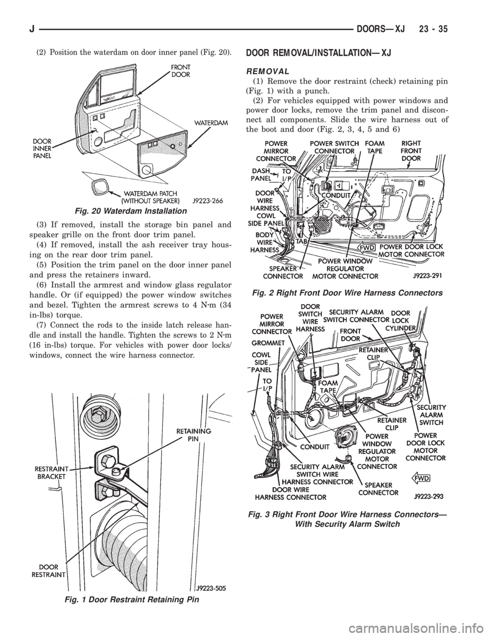 JEEP XJ 1995 Service And Repair Manual (2) Position the waterdam on door inner panel (Fig. 20).
(3) If removed, install the storage bin panel and
speaker grille on the front door trim panel.
(4) If removed, install the ash receiver tray ho JEEP XJ 1995 Service And Repair Manual (2) Position the waterdam on door inner panel (Fig. 20).
(3) If removed, install the storage bin panel and
speaker grille on the front door trim panel.
(4) If removed, install the ash receiver tray ho
