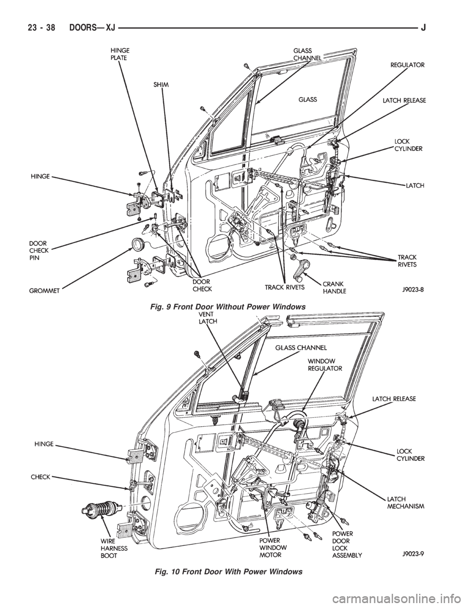 JEEP XJ 1995  Service And Repair Manual Fig. 9 Front Door Without Power Windows
Fig. 10 Front Door With Power Windows
23 - 38 DOORSÐXJJ 