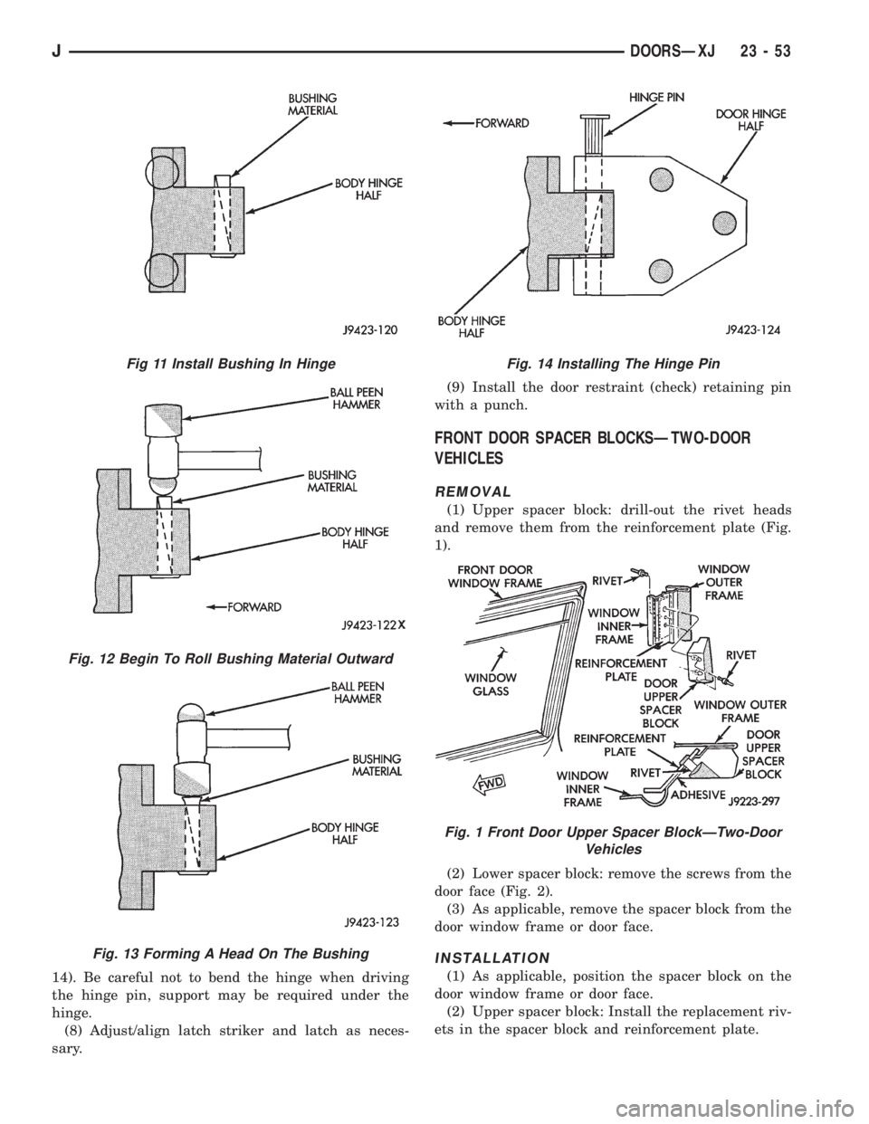 JEEP XJ 1995 Service And Repair Manual 14). Be careful not to bend the hinge when driving
the hinge pin, support may be required under the
hinge.
(8) Adjust/align latch striker and latch as neces-
sary.(9) Install the door restraint (check JEEP XJ 1995 Service And Repair Manual 14). Be careful not to bend the hinge when driving
the hinge pin, support may be required under the
hinge.
(8) Adjust/align latch striker and latch as neces-
sary.(9) Install the door restraint (check