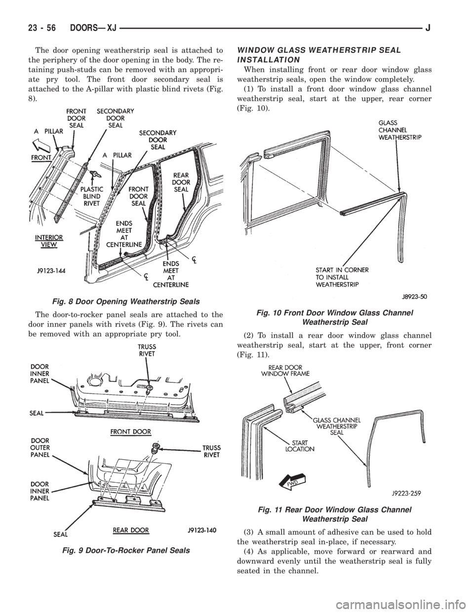 JEEP XJ 1995 Service And Repair Manual The door opening weatherstrip seal is attached to
the periphery of the door opening in the body. The re-
taining push-studs can be removed with an appropri-
ate pry tool. The front door secondary seal JEEP XJ 1995 Service And Repair Manual The door opening weatherstrip seal is attached to
the periphery of the door opening in the body. The re-
taining push-studs can be removed with an appropri-
ate pry tool. The front door secondary seal