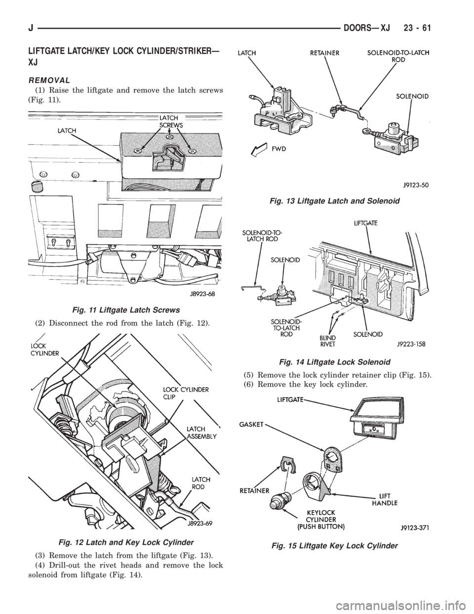 JEEP XJ 1995 Service And Repair Manual LIFTGATE LATCH/KEY LOCK CYLINDER/STRIKERÐ
XJ
REMOVAL
(1) Raise the liftgate and remove the latch screws
(Fig. 11).
(2) Disconnect the rod from the latch (Fig. 12).
(3) Remove the latch from the liftg JEEP XJ 1995 Service And Repair Manual LIFTGATE LATCH/KEY LOCK CYLINDER/STRIKERÐ
XJ
REMOVAL
(1) Raise the liftgate and remove the latch screws
(Fig. 11).
(2) Disconnect the rod from the latch (Fig. 12).
(3) Remove the latch from the liftg