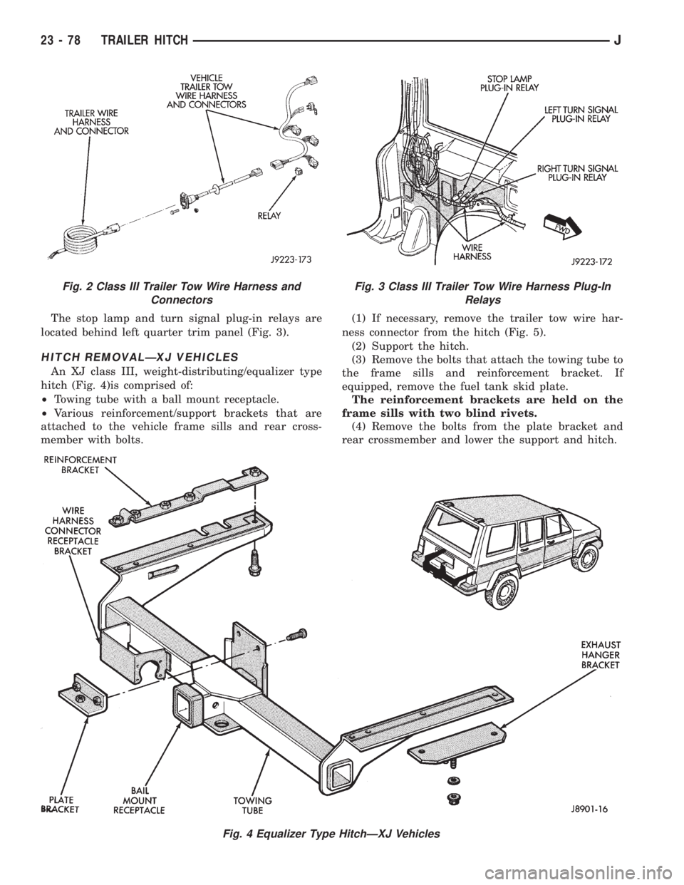 JEEP XJ 1995 Service And Repair Manual The stop lamp and turn signal plug-in relays are
located behind left quarter trim panel (Fig. 3).
HITCH REMOVALÐXJ VEHICLES
An XJ class III, weight-distributing/equalizer type
hitch (Fig. 4)is compri JEEP XJ 1995 Service And Repair Manual The stop lamp and turn signal plug-in relays are
located behind left quarter trim panel (Fig. 3).
HITCH REMOVALÐXJ VEHICLES
An XJ class III, weight-distributing/equalizer type
hitch (Fig. 4)is compri