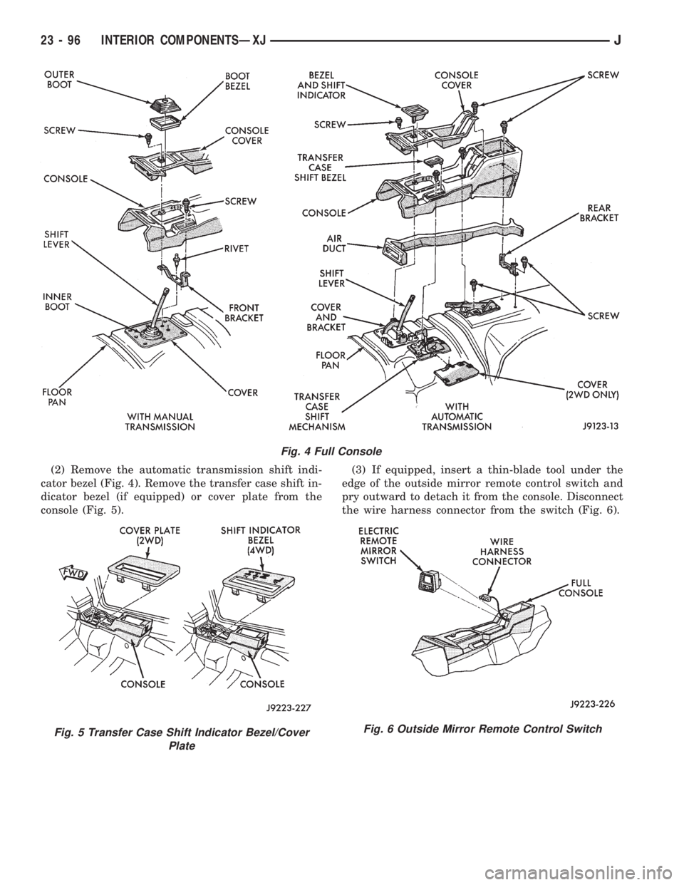 JEEP XJ 1995 Service And Repair Manual (2) Remove the automatic transmission shift indi-
cator bezel (Fig. 4). Remove the transfer case shift in-
dicator bezel (if equipped) or cover plate from the
console (Fig. 5).(3) If equipped, insert JEEP XJ 1995 Service And Repair Manual (2) Remove the automatic transmission shift indi-
cator bezel (Fig. 4). Remove the transfer case shift in-
dicator bezel (if equipped) or cover plate from the
console (Fig. 5).(3) If equipped, insert