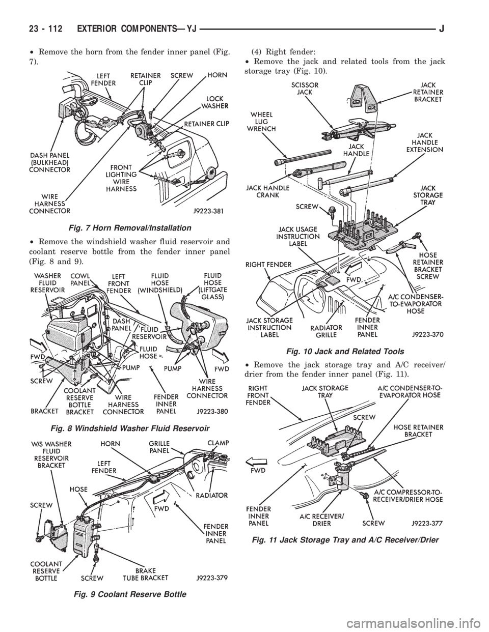 JEEP XJ 1995 Service And Repair Manual ²Remove the horn from the fender inner panel (Fig.
7).
²Remove the windshield washer fluid reservoir and
coolant reserve bottle from the fender inner panel
(Fig. 8 and 9).(4) Right fender:
²Remove JEEP XJ 1995 Service And Repair Manual ²Remove the horn from the fender inner panel (Fig.
7).
²Remove the windshield washer fluid reservoir and
coolant reserve bottle from the fender inner panel
(Fig. 8 and 9).(4) Right fender:
²Remove