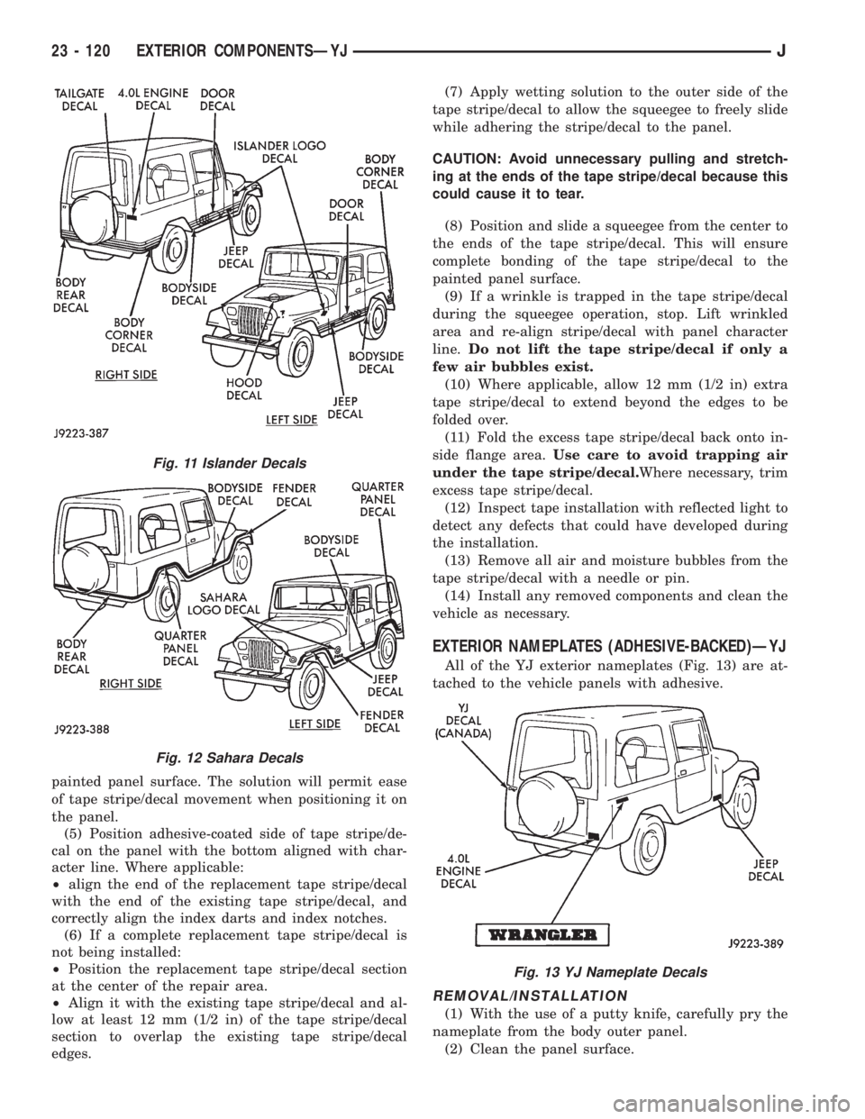 JEEP XJ 1995 Service And Repair Manual painted panel surface. The solution will permit ease
of tape stripe/decal movement when positioning it on
the panel.
(5) Position adhesive-coated side of tape stripe/de-
cal on the panel with the bott JEEP XJ 1995 Service And Repair Manual painted panel surface. The solution will permit ease
of tape stripe/decal movement when positioning it on
the panel.
(5) Position adhesive-coated side of tape stripe/de-
cal on the panel with the bott